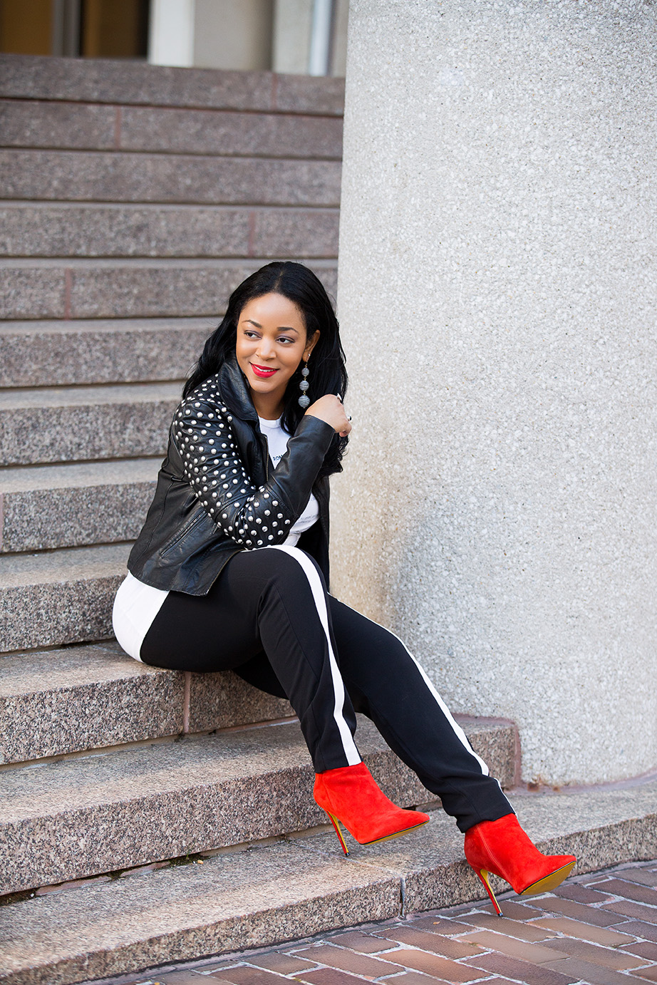 Leather Weather - What I'm Wearing: ASOS Studded Sleeve Leather Jacket, TOPSHOP Romance Corset T-Shirt, ASOS Black Trousers with White Stripe, Red suede boots