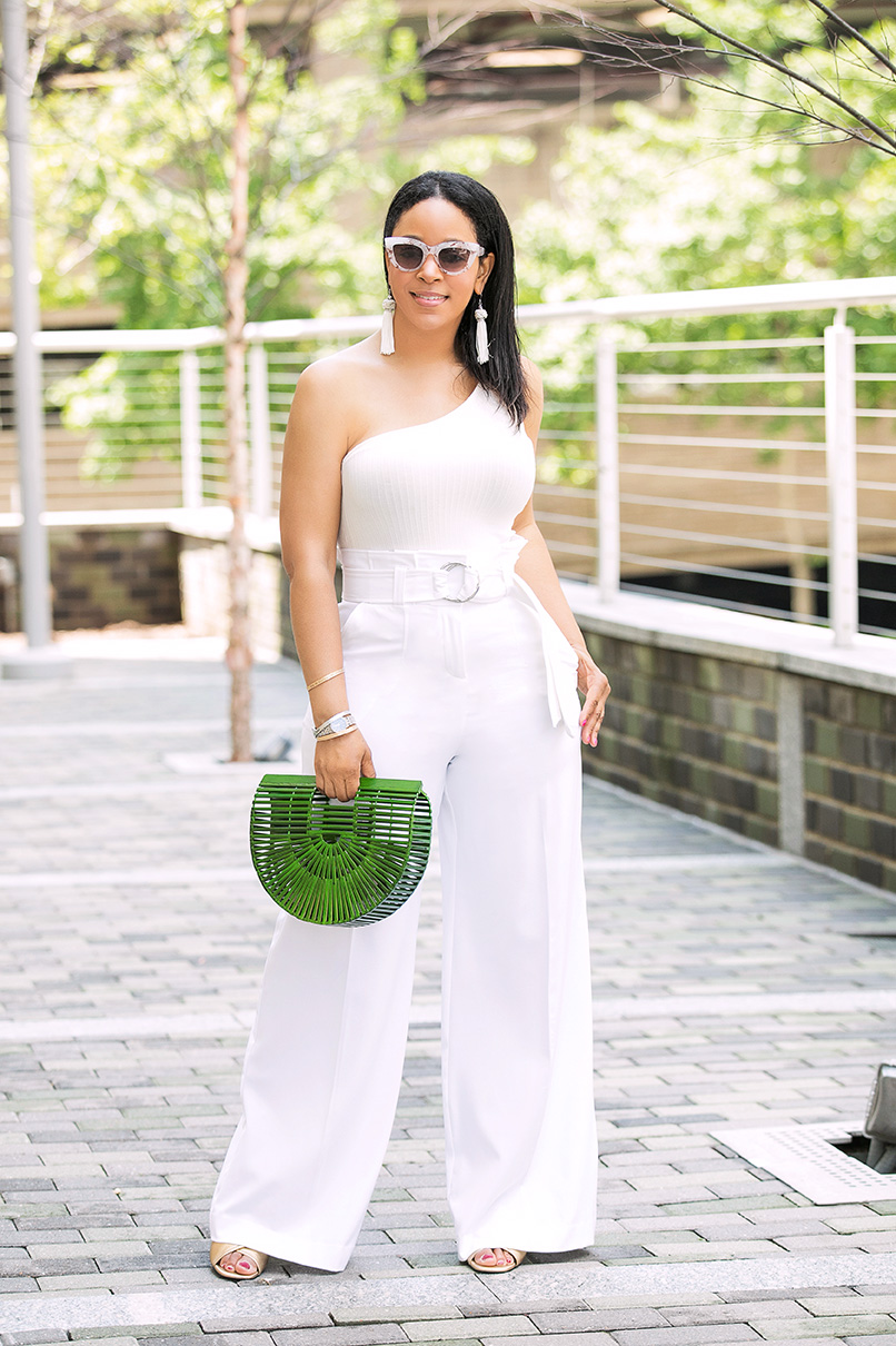 Wear White, Change the Cycle, #WhyIWearWhite this July for Fibroid Awareness Month, What’s Haute, What I’m wearing: H&M one-shoulder top, NY & Company wide-leg trousers, paperbag waist palazzo pants, gold Topshop mules, Charming Charlie earrings, Altar’d State bangles, gold Topshop mules, Forever 21 marble frame sunglasses