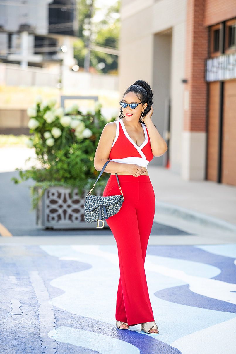 I love the 90's fashion rebirth, Forever 21 Surplice Crop Top, Forever 21 tiny sunglasses, red H&M suit pants, Dior Diorissimo Saddle bag, Topshop gold mules, fall 2018 fashion, what's haute