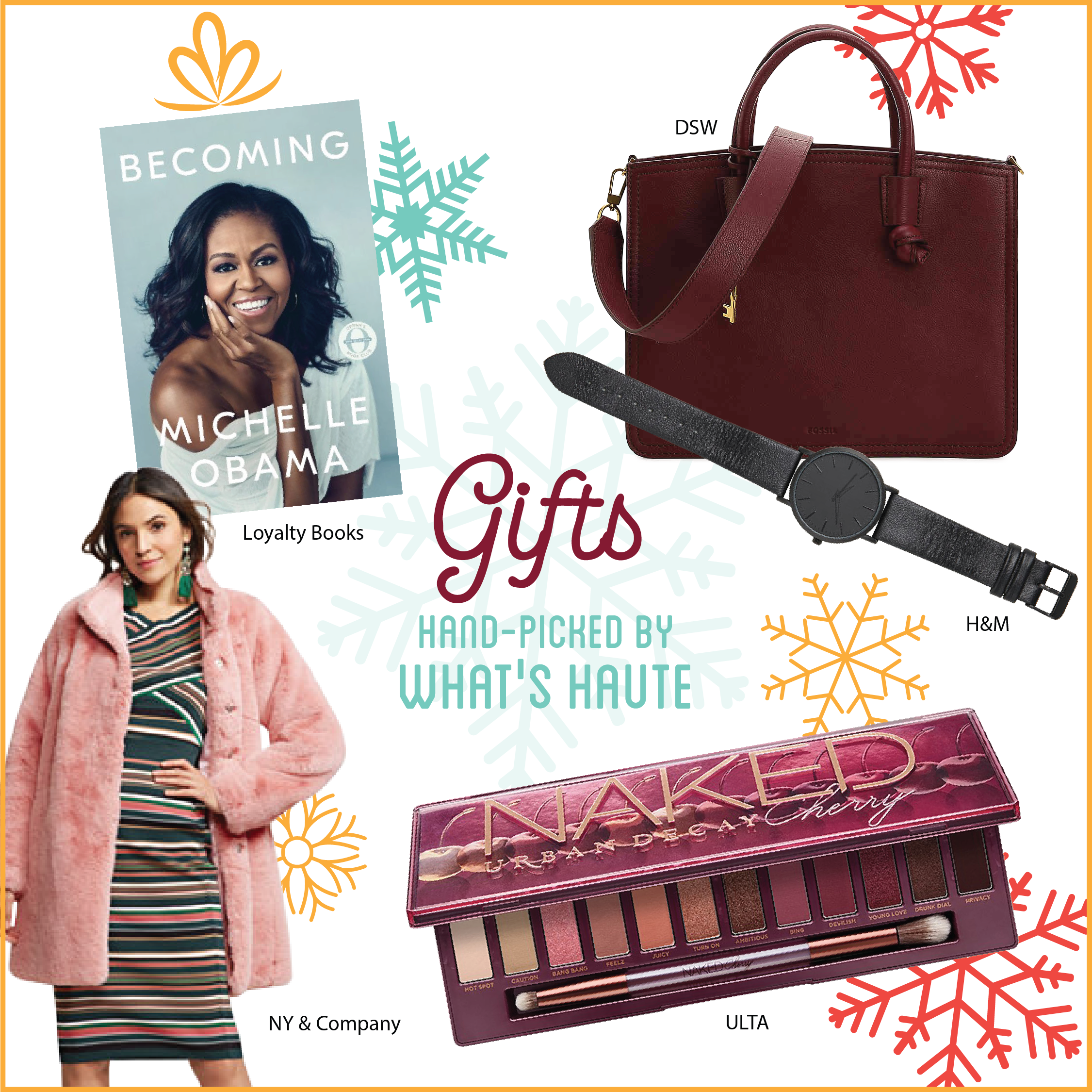 What's Haute Holiday Gift Guide and Giveaway with Downtown Silver Spring, Becoming by Michelle Obama (available at Loyalty Books), Urban Decay Naked Cherry Eyeshadow palette (available at Ulta), Watch with Leather Band (available at H&M), Faux-Fur Coat (available at New York & Co), Fossil Skylar Leather Satchel (available at DSW)