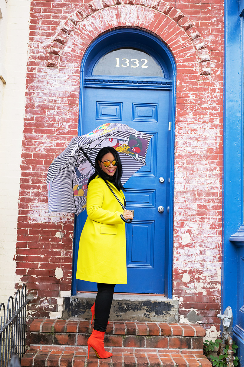 Wearing: Forever 21 Aviator Sunglasses, MSGM Coat, Love Moschino Pop Art Umbrella, Gucci Belt, H&M Pants, Red Suede Boots