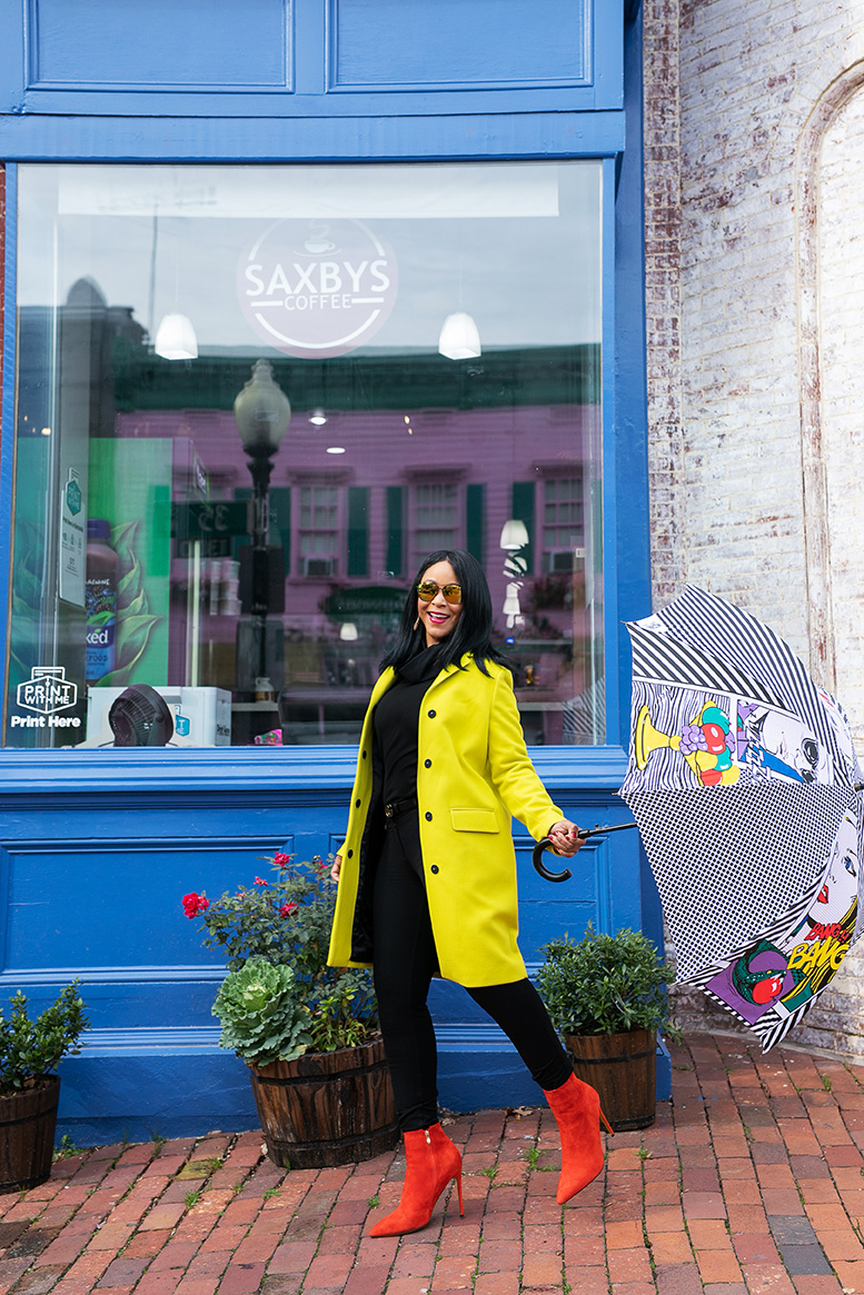 Wearing: Forever 21 Aviator Sunglasses, MSGM Coat, Love Moschino Pop Art Umbrella, Gucci Belt, H&M Pants, Red Suede Boots