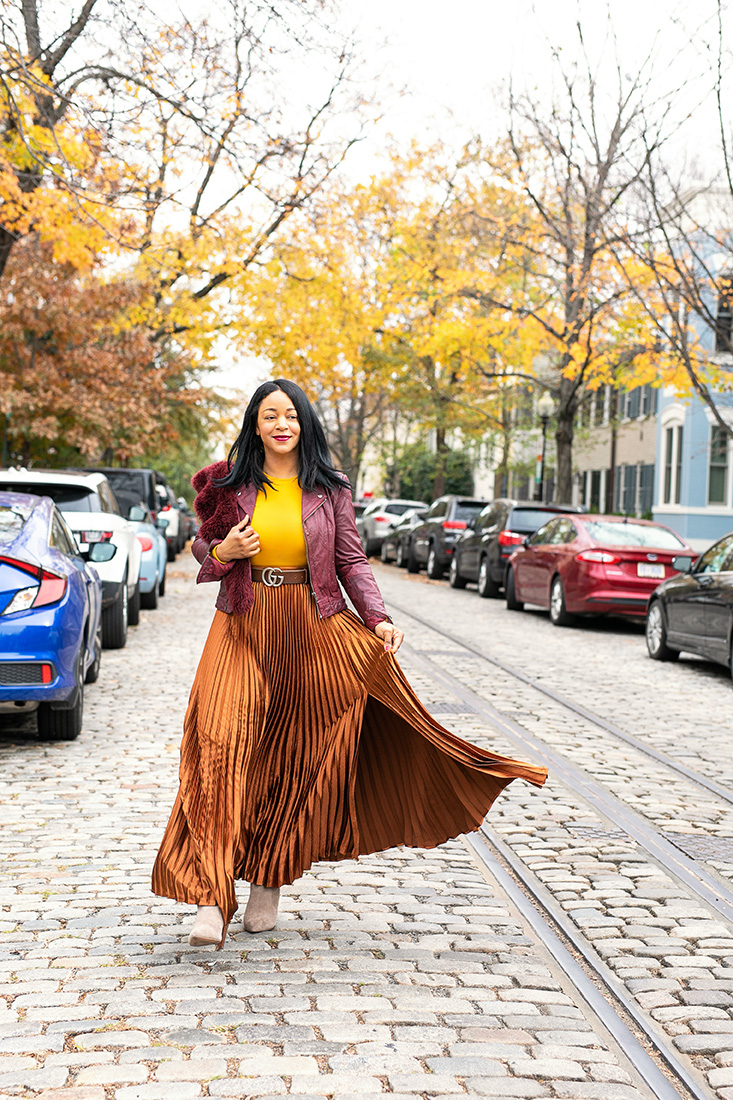 Happiness Looks Good on me, What I'm Wearing : Oxblood Leather Jacket,  Faux Fur Scarf, Torn by Ronny Kobo Mustard Yellow Peplum Top,  Gucci Marmont Leather belt with Double G buckle,  NY & Company Metallic Pleated Maxi Skirt,  Gap Tall Slouchy Suede Boots