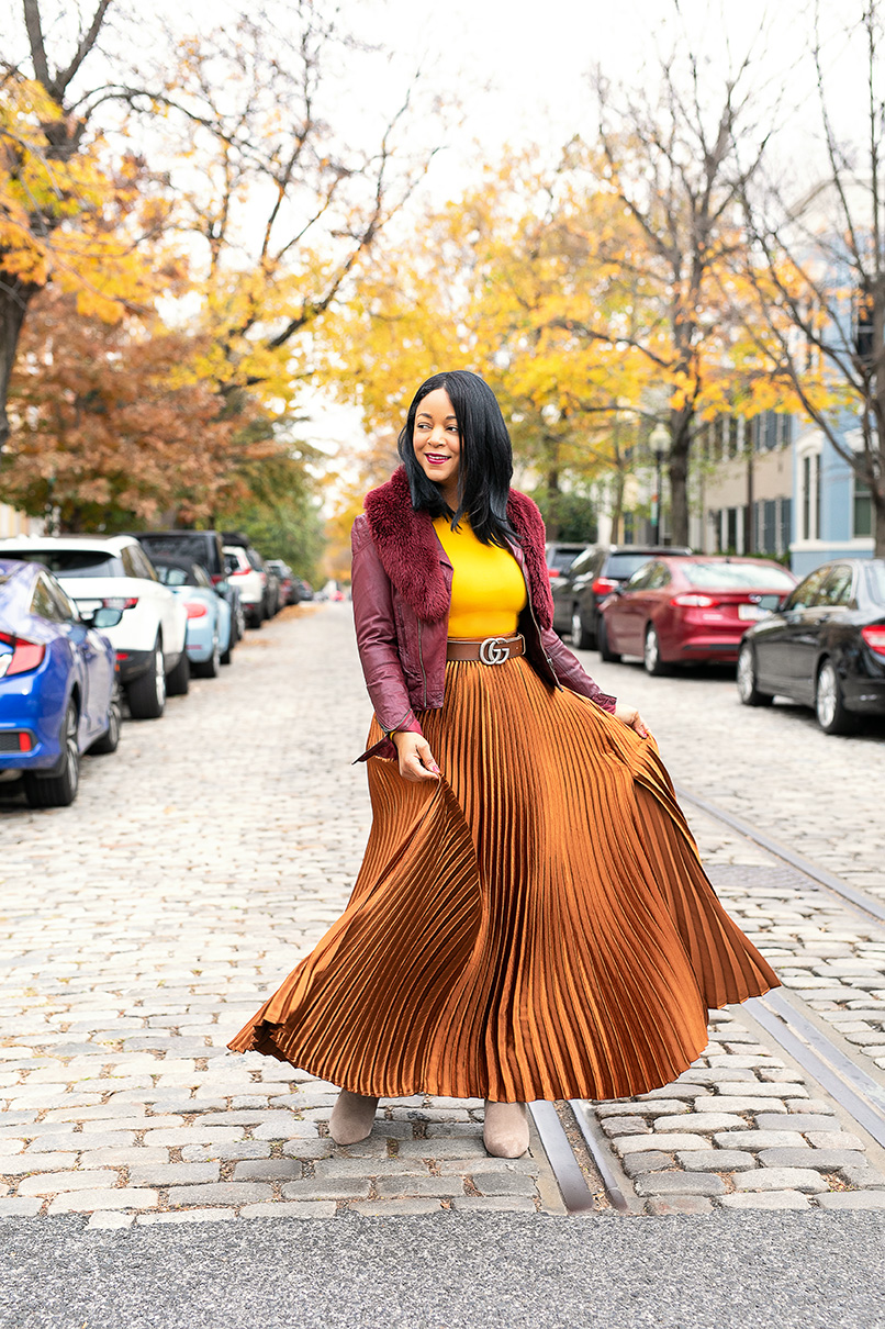 Happiness Looks Good on me, What I'm Wearing : Oxblood Leather Jacket,  Faux Fur Scarf, Torn by Ronny Kobo Mustard Yellow Peplum Top,  Gucci Marmont Leather belt with Double G buckle,  NY & Company Metallic Pleated Maxi Skirt,  Gap Tall Slouchy Suede Boots