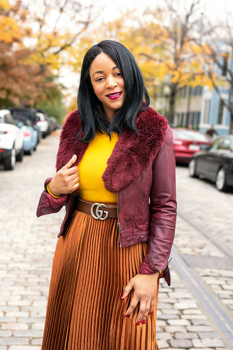 Happiness Looks Good on me, What I'm Wearing : Oxblood Leather Jacket,  Faux Fur Scarf, Torn by Ronny Kobo Mustard Yellow Peplum Top, Gucci Marmont Leather belt with Double G buckle,  NY & Company Metallic Pleated Maxi Skirt,  Gap Tall Slouchy Suede Boots