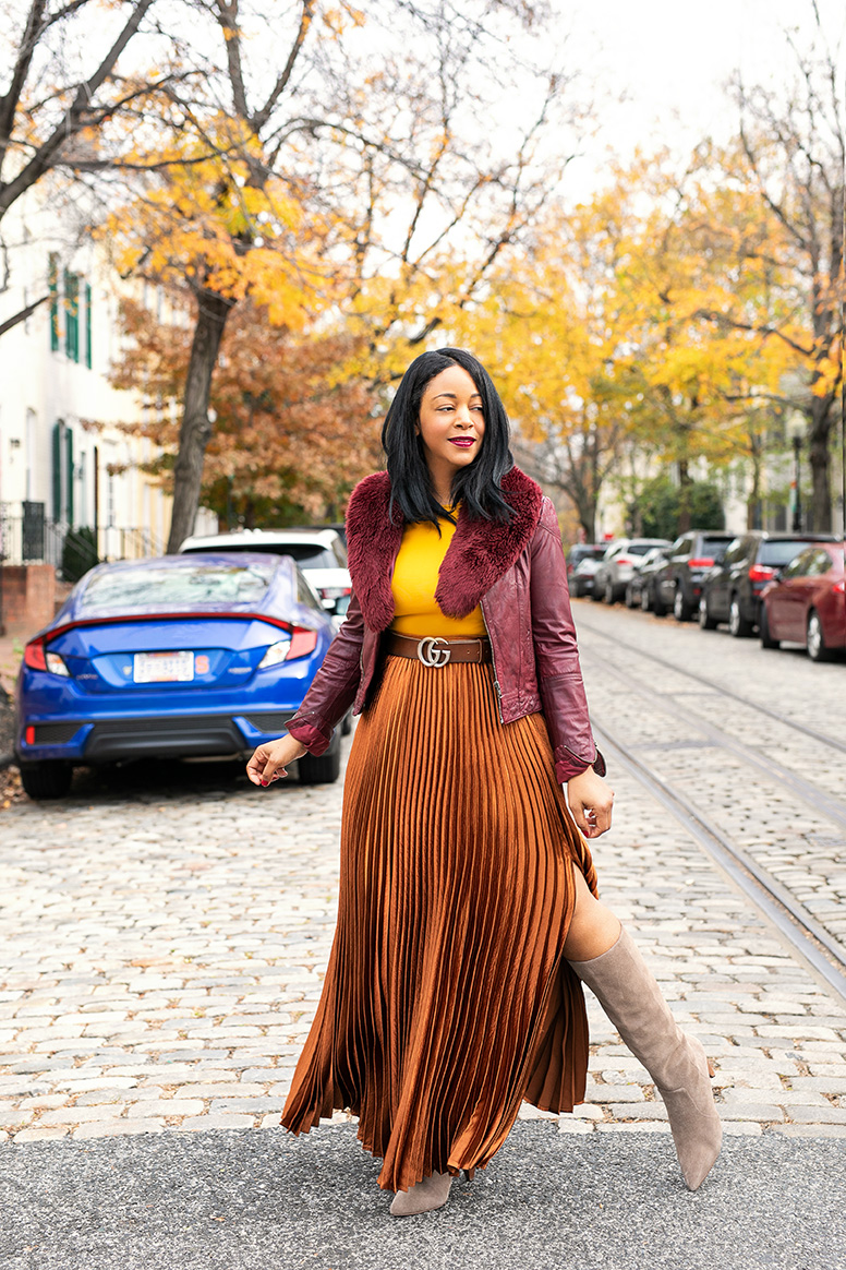 Happiness Looks Good on me, What I'm Wearing : Oxblood Leather Jacket,  Faux Fur Scarf, Torn by Ronny Kobo Mustard Yellow Peplum Top,  Gucci Marmont Leather belt with Double G buckle,  NY & Company Metallic Pleated Maxi Skirt,  Gap Tall Slouchy Suede Boots