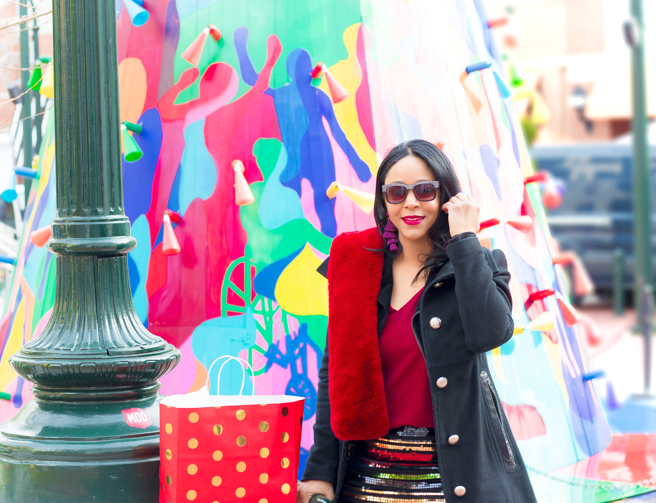 What's Haute Holiday Gift Guide and Giveaway with Downtown Silver Spring - Christmas tree 2018 - CommUNITY Tree; What I'm Wearing: Wool and leather coat // Faux Fur Stole // Velvet Cami // High Waisted Double Stripe Sequin Mini Skirt // Suede Tall Boots