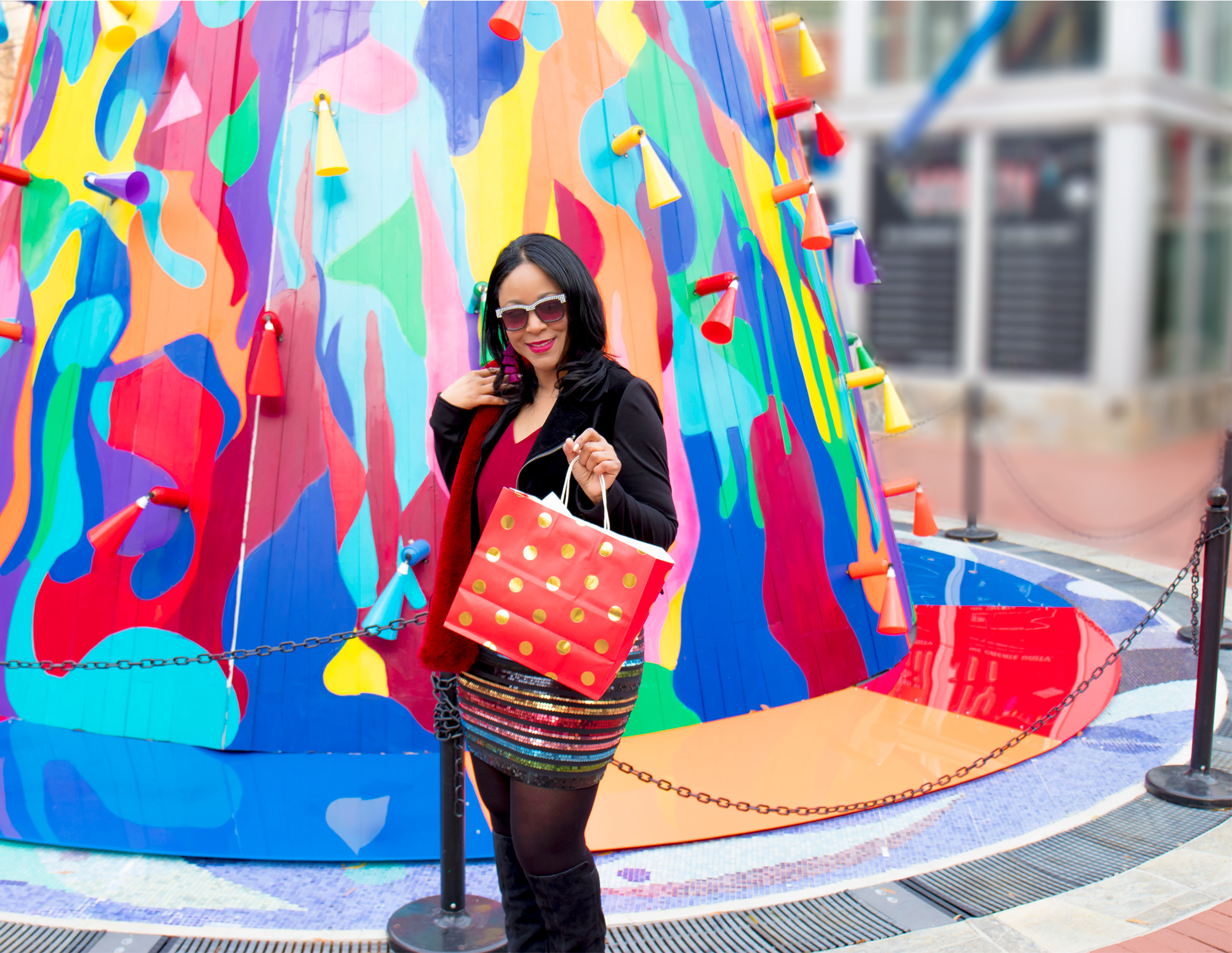 What's Haute Holiday Gift Guide and Giveaway with Downtown Silver Spring - Christmas tree 2018 - CommUNITY Tree; What I'm Wearing: Wool and leather coat // Faux Fur Stole // Velvet Cami // High Waisted Double Stripe Sequin Mini Skirt // Suede Tall Boots