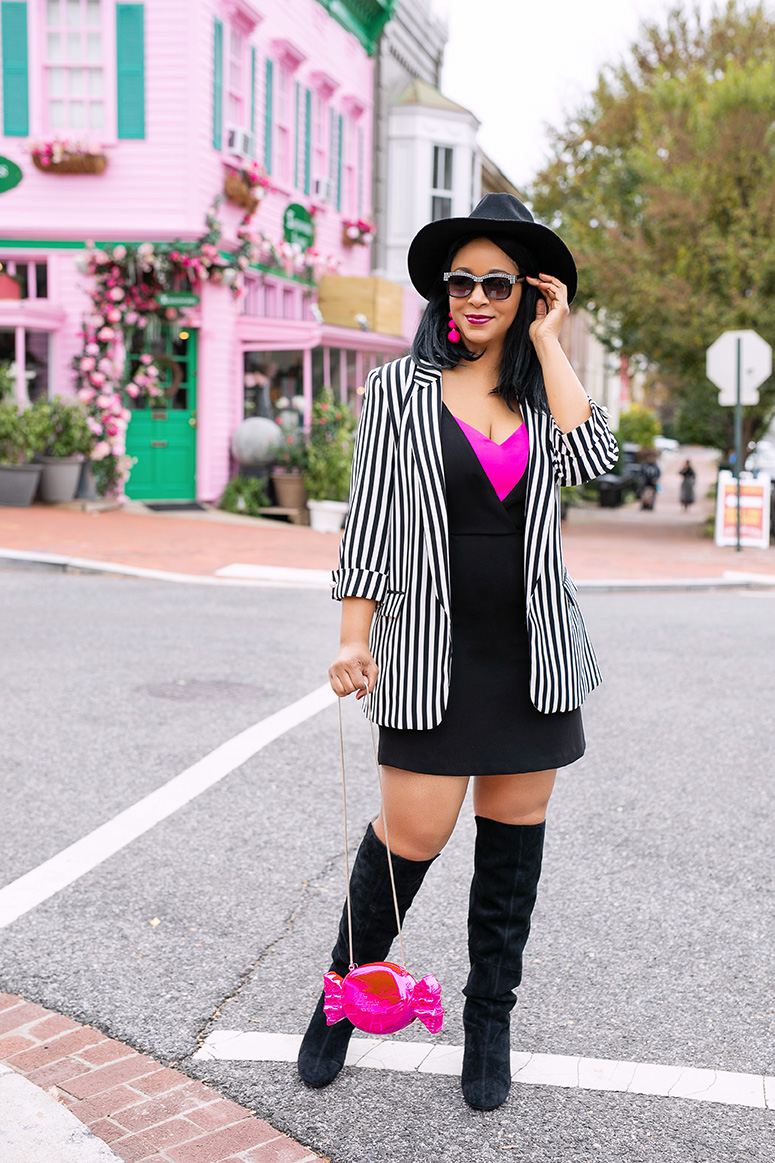 What I'm Wearing: Baublebar Crsipin Drop earrings, Banana Republic Fedora Felt Hat, Zara Striped blazer, kate spade new york do wonders candy wrapper clutch, Banana Republic Strappy Camisole Plunge Pinafore Dress, Nine West Kerianna Suede Tall Boots, What's Haute, 2019 word of the year, Forward