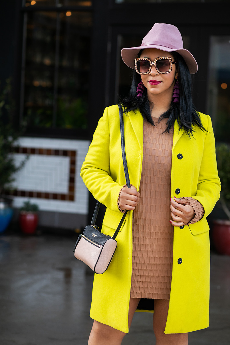 What's Haute, What I'm Wearing, Oversized Sunglasses for Women Square Thick Frame Bling Rhinestone Shades, Gap wool fedora, MSGM coat, H&M dress, Valentino Rockstud printed heels, Kate Spade crossbody bag, Outfit of the day, Neon trend, Neon and Neutrals