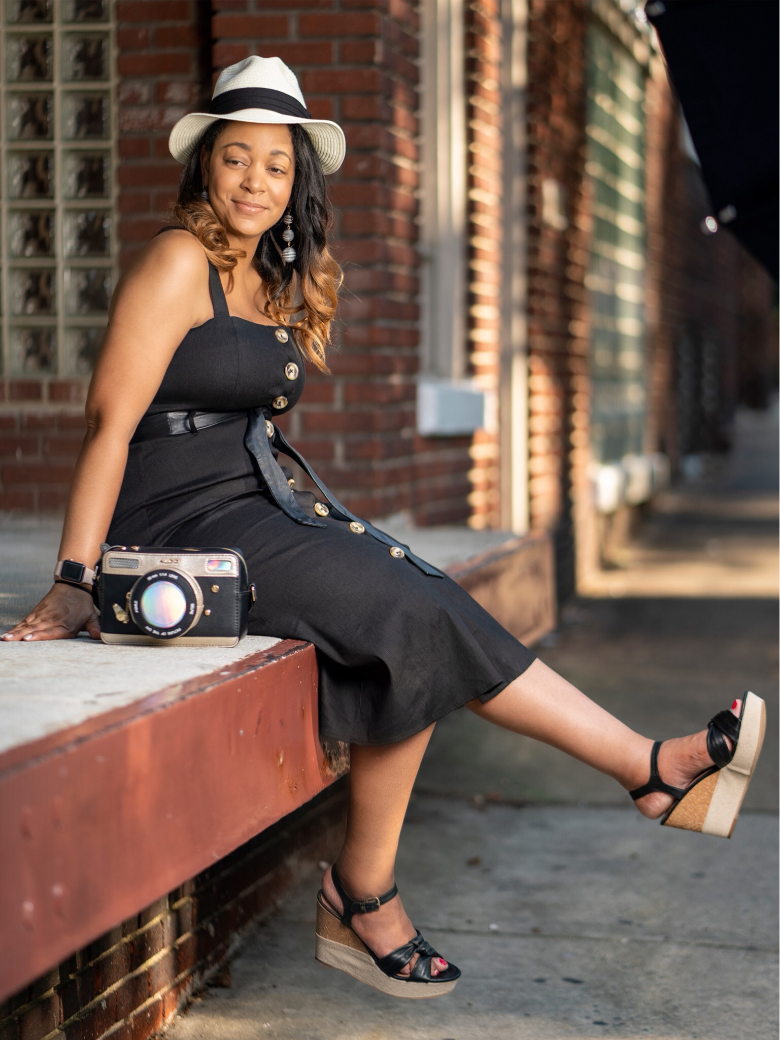 Haute Girl / Hot Girl Summer, Black linen button up dress and Aldo camera bag, Tenth Street Hats Quito