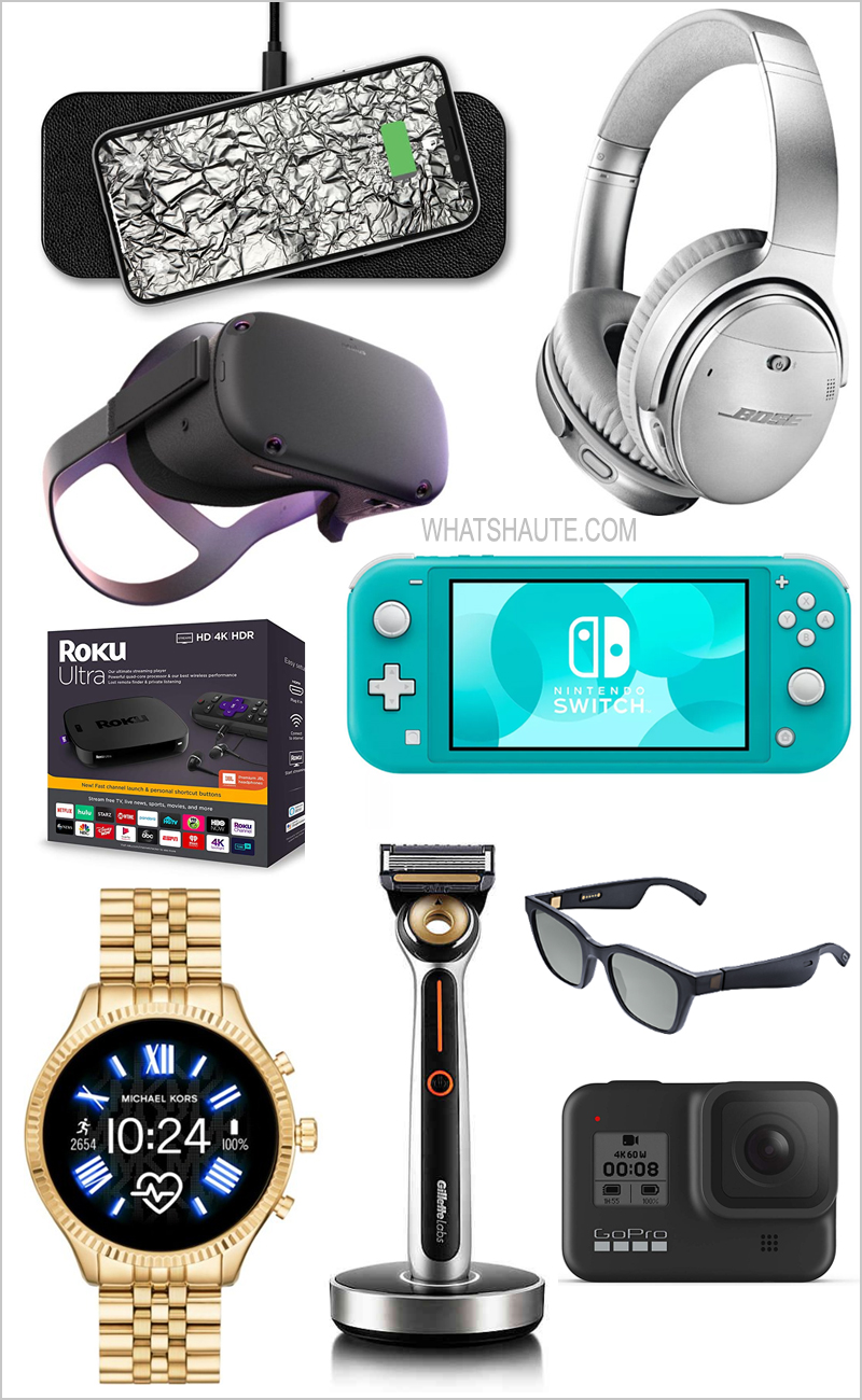 2019 Holiday Gift Guide: Tech Gifts for Tech Lovers, Gifts for Techies, Apple Watch Series 5, Biolite Fire Pit, Bose Audio Sunglasses, Bose Quiet Comfort 35 Wireless Noise-Cancelling Headphones II, Canon Ivy Wireless Mini Photo Printer, Courant Catch:2, Fitbit Versa 2 Smartwatch, GilletteLabs Heated Razor Starter Kit, GoPro Hero 8 Black 4K Waterproof Action Camera, Hydrow Live Outdoor Reality Rower, Michael Kors Access Lexington 2 Glitz Gold-Tone Bracelet Touchscreen Smartwatch, Nintendo Switch Lite, Oculus Quest All-in-one VR gaming headset, Power Beats Pro True Wireless In-Ear Earphones, Roku Ultra 4K Streaming Player, TheraGun G3 Percussive Therapy Device, Tile Pro with Replaceable Battery