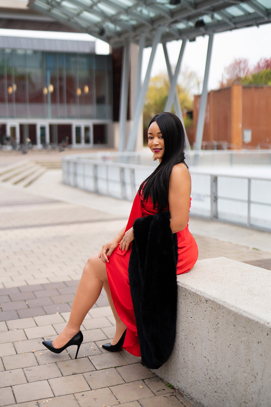 holiday outfit, What's Haute 2019 Holiday outfit ideas, 50 holiday looks, Coco Myles red satin high low dress, Christian Louboutin Pigalle pumps, Zara faux fur scarf, H&M gold fringe earrings