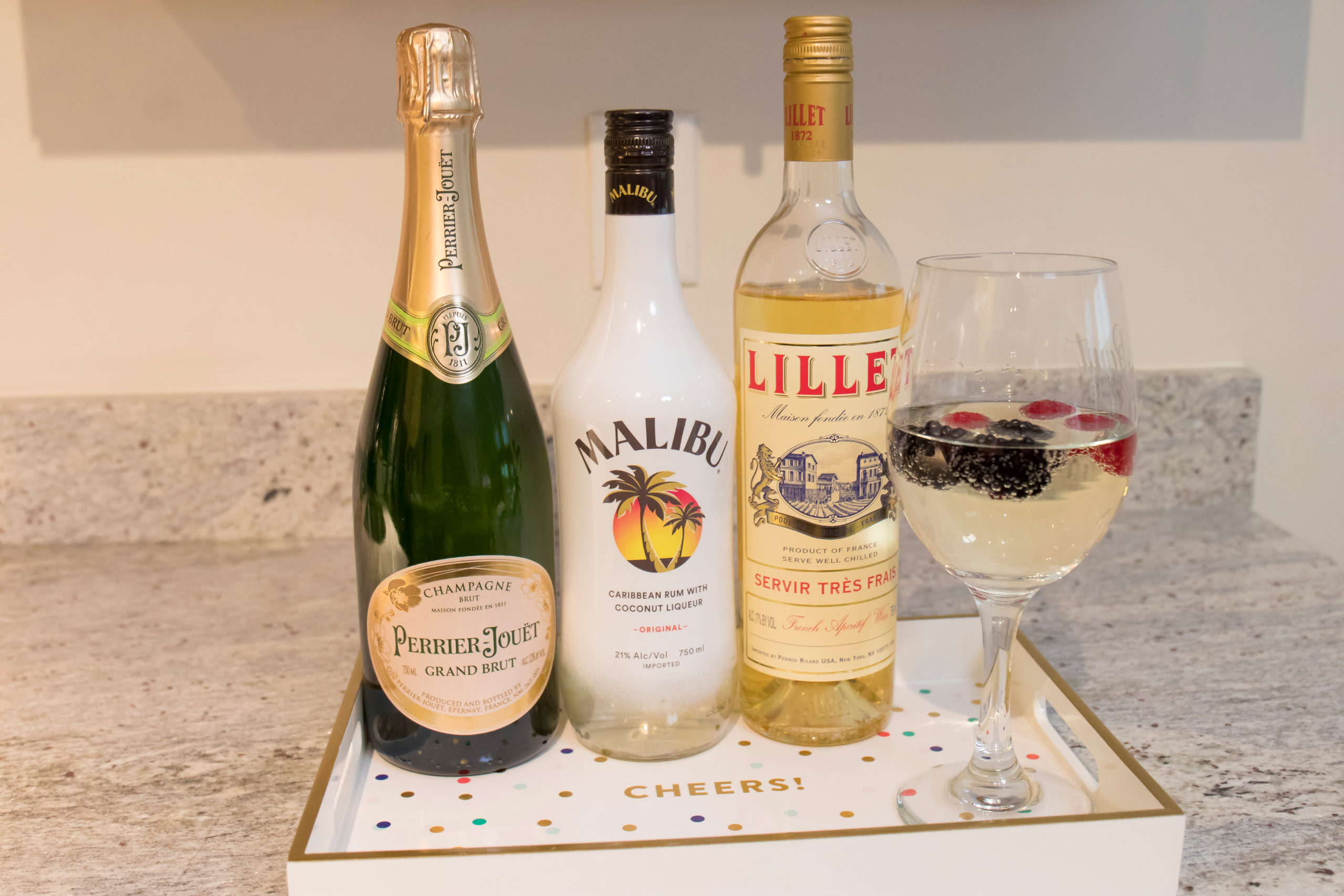 Drizly and What's Haute, holiday drink ideas, Perrier Jouet, Malibum rum, Lillet wine