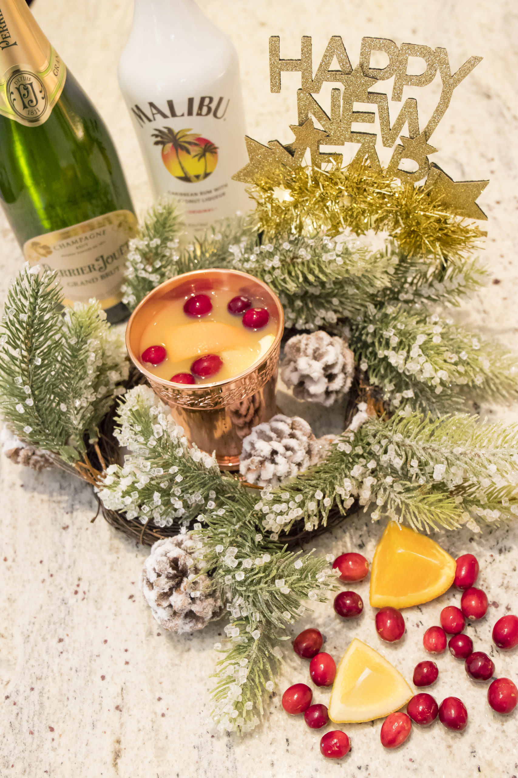 Drizly and What's Haute, holiday drink ideas, Perrier Jouet, Malibum rum, sparkling holiday rum punch