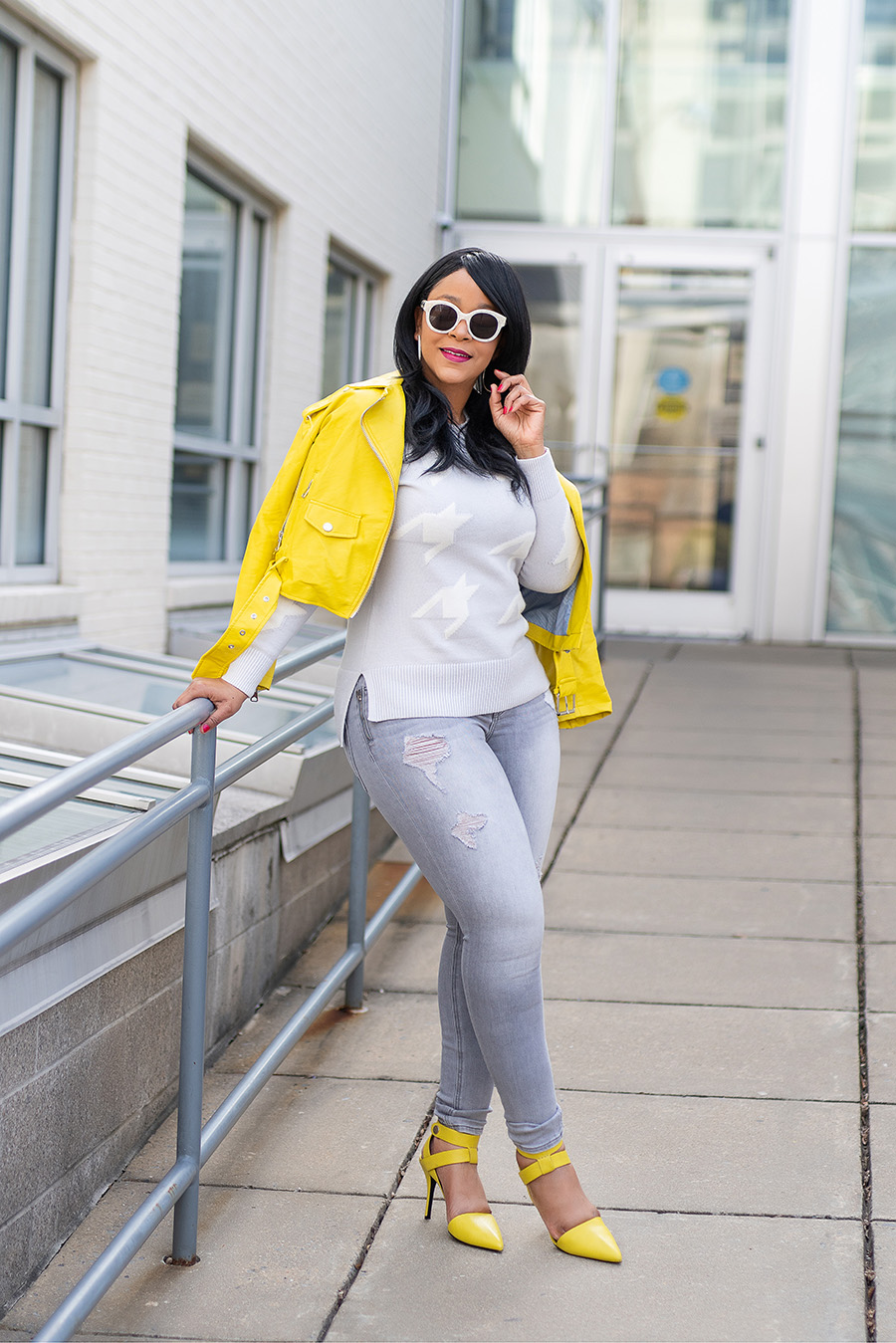 How to Get Unstuck from a Creative Rut, What's Haute, motivation, creative outfits, Zara yellow Leather Biker Jacket, Banana Republic Houndstooth Sweater, Express jeans, Alexander Wang heels