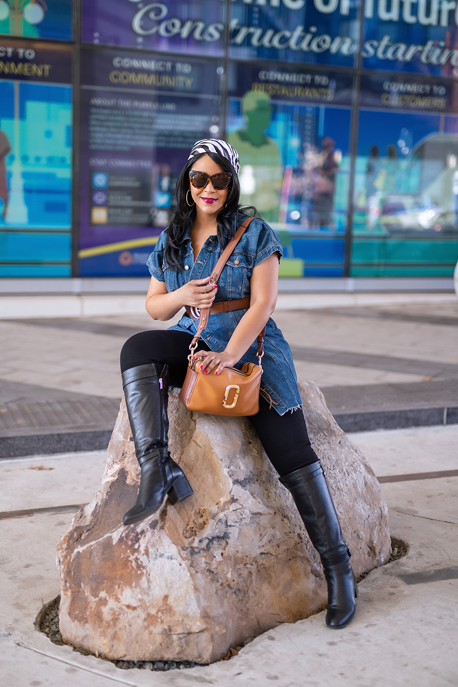 Verzuz & Club Quarantine - the Music Getting us Through the Pandemic, Free People The City Denim Minidress, Paige Verdugo Skinny Ankle Jeans, Banana Republic scarf, The Marc Jacobs Softshot 27 bag, Essex Lane Lizzy Wide Calf Boot, Gucci belt