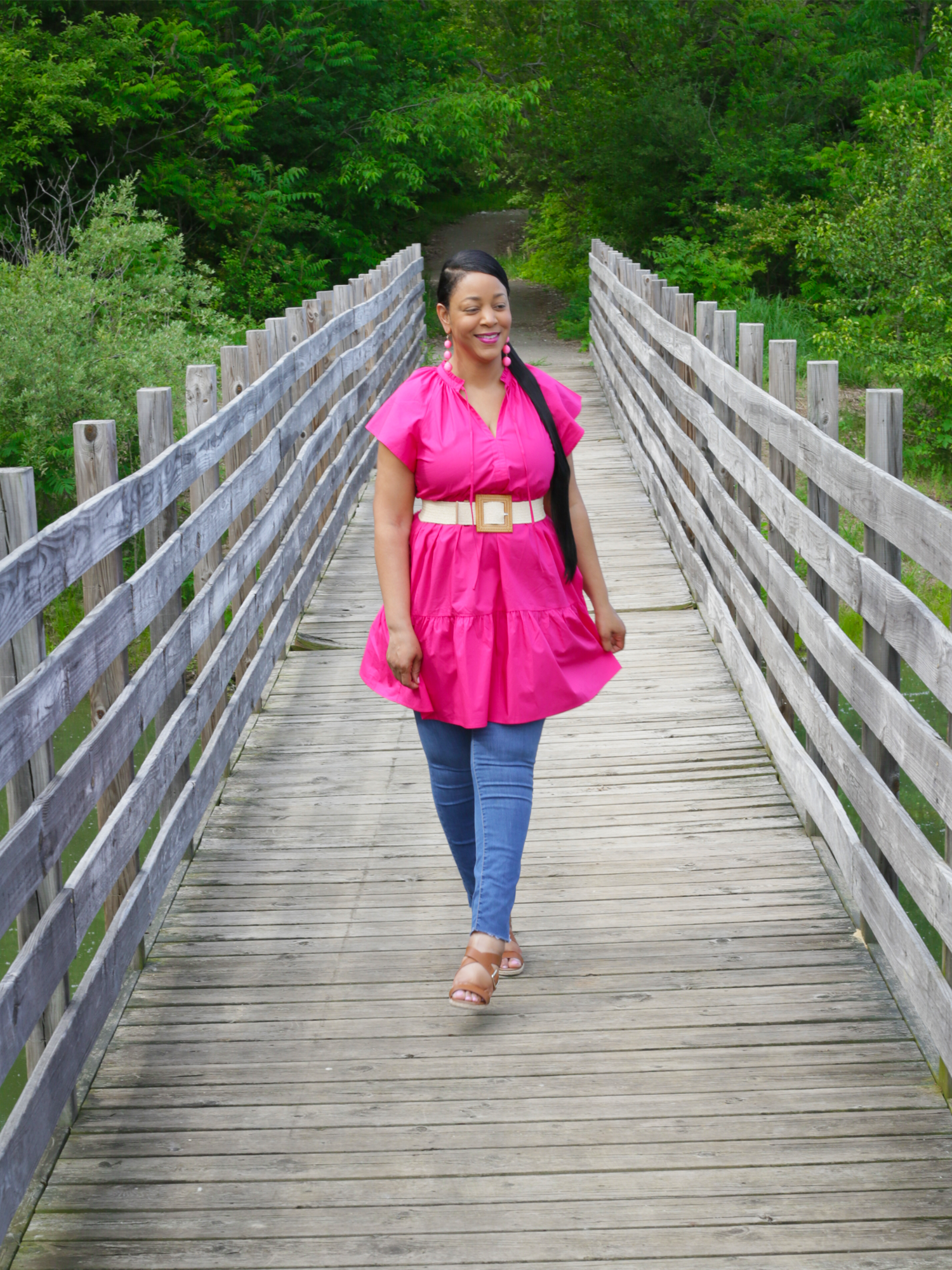 Flexing My Creativity Muscles - What I'm Wearing: Ponytail Extension, Cap Sleeve Poplin Babydoll Dress, Woven Wood Buckle Belt, High-Rise Skinny Jeans, Finnet Wedge Sandal