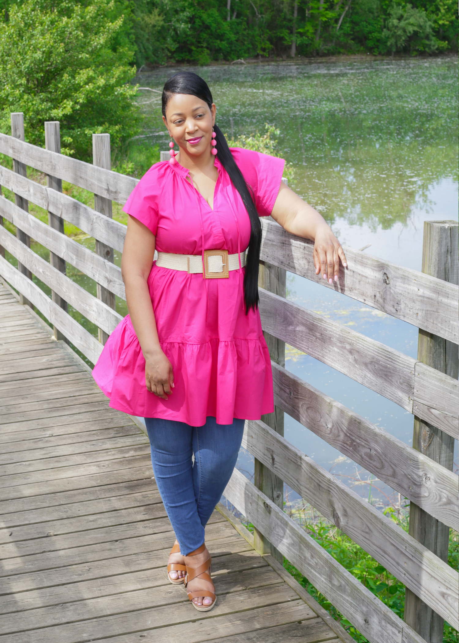 Flexing My Creativity Muscles - What I'm Wearing: Ponytail Extension, Cap Sleeve Poplin Babydoll Dress, Woven Wood Buckle Belt, High-Rise Skinny Jeans, Finnet Wedge Sandal