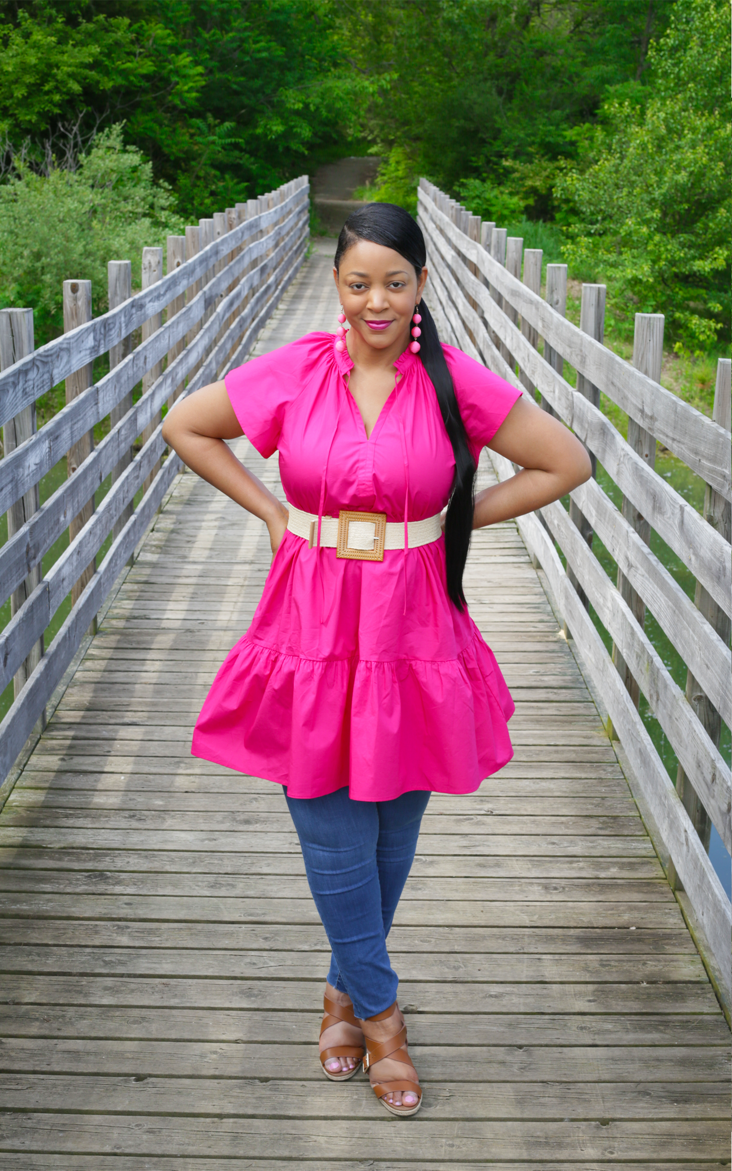 Flexing My Creativity Muscles - What I'm Wearing: Ponytail Extension, Cap Sleeve Poplin Babydoll Dress, Woven Wood Buckle Belt, High-Rise Skinny Jeans, Finnet Wedge Sandal