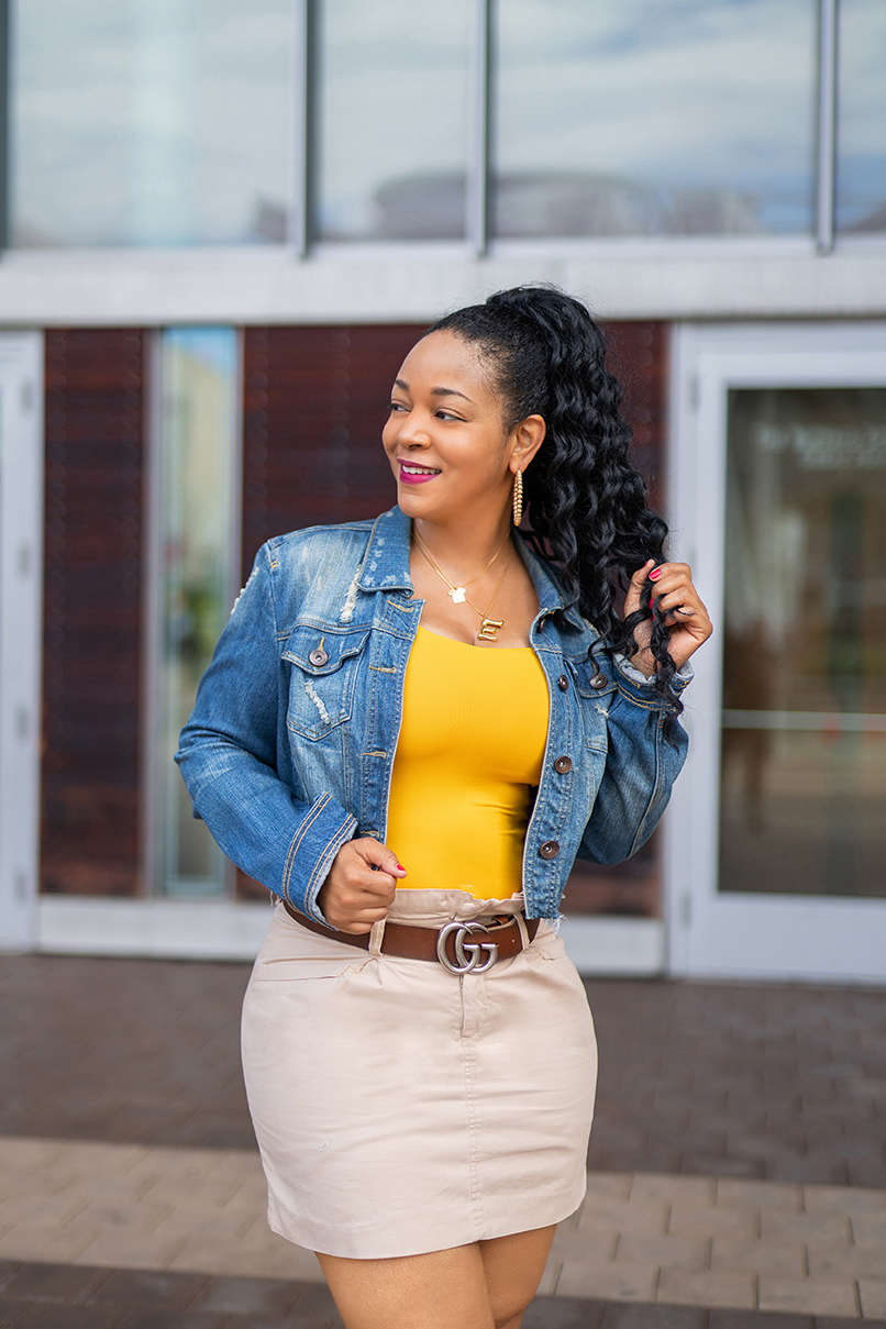 10 Things You Didn't Know About Me, What's Haute, What I'm Wearing: Distressed denim jacket, bamboo letter necklace, Gucci belt, khaki paperboy skirt, Zara yellow tank top