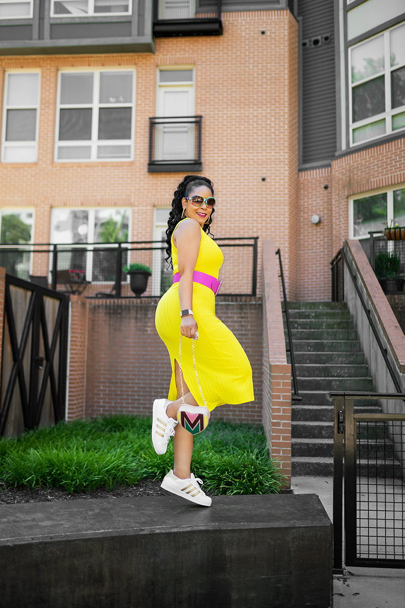 Making the Most of this Pandemic Summer — What I'm Wearing: Matthew Williamson for H&M sunglasses, H&M Electric yellow dress, H&M Pink belt, Adidas White and Gold Superstar Sneakers