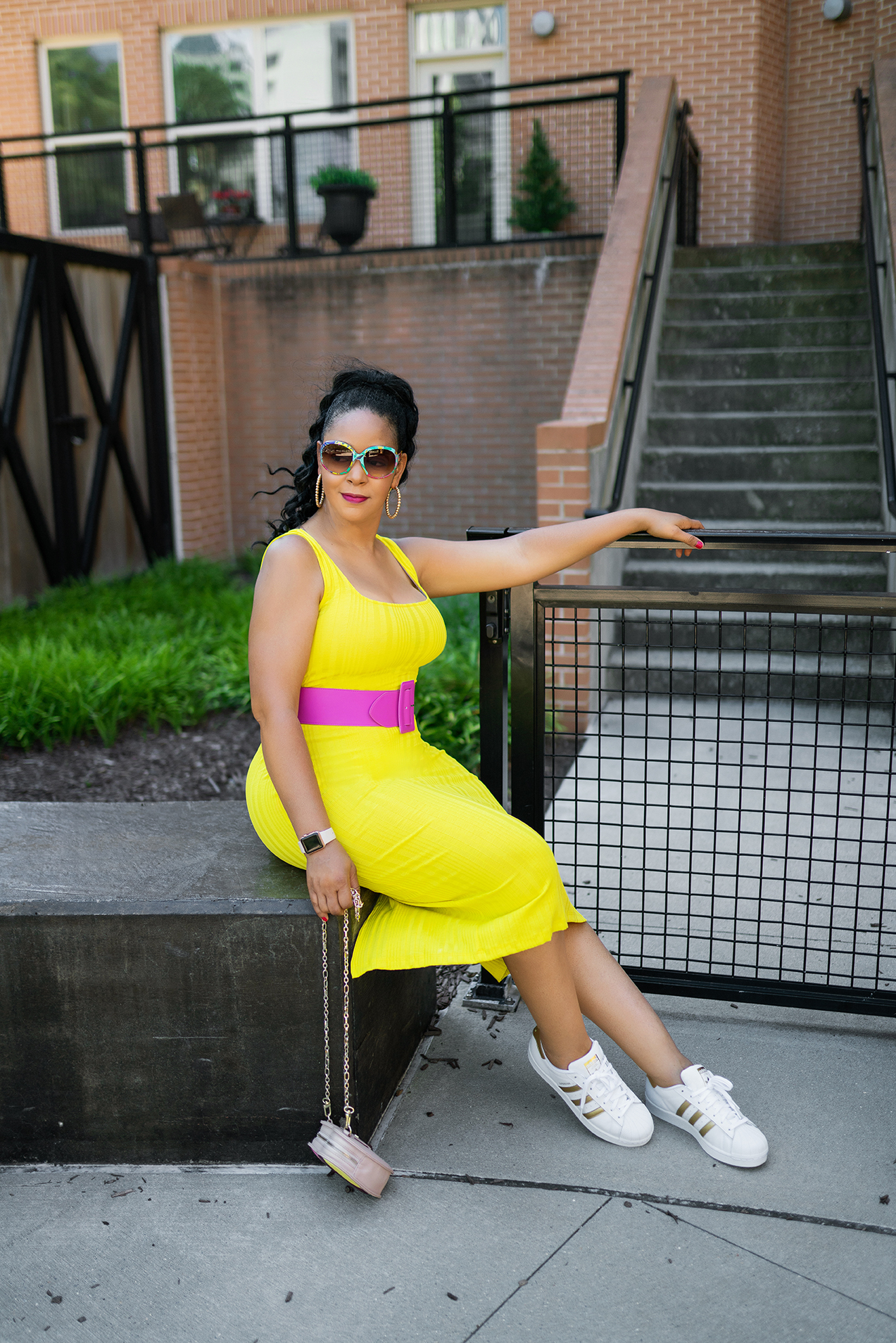 Making the Most of this Pandemic Summer — What I'm Wearing: Matthew Williamson for H&M sunglasses, H&M Electric yellow dress, H&M Pink belt, Adidas White and Gold Superstar Sneakers