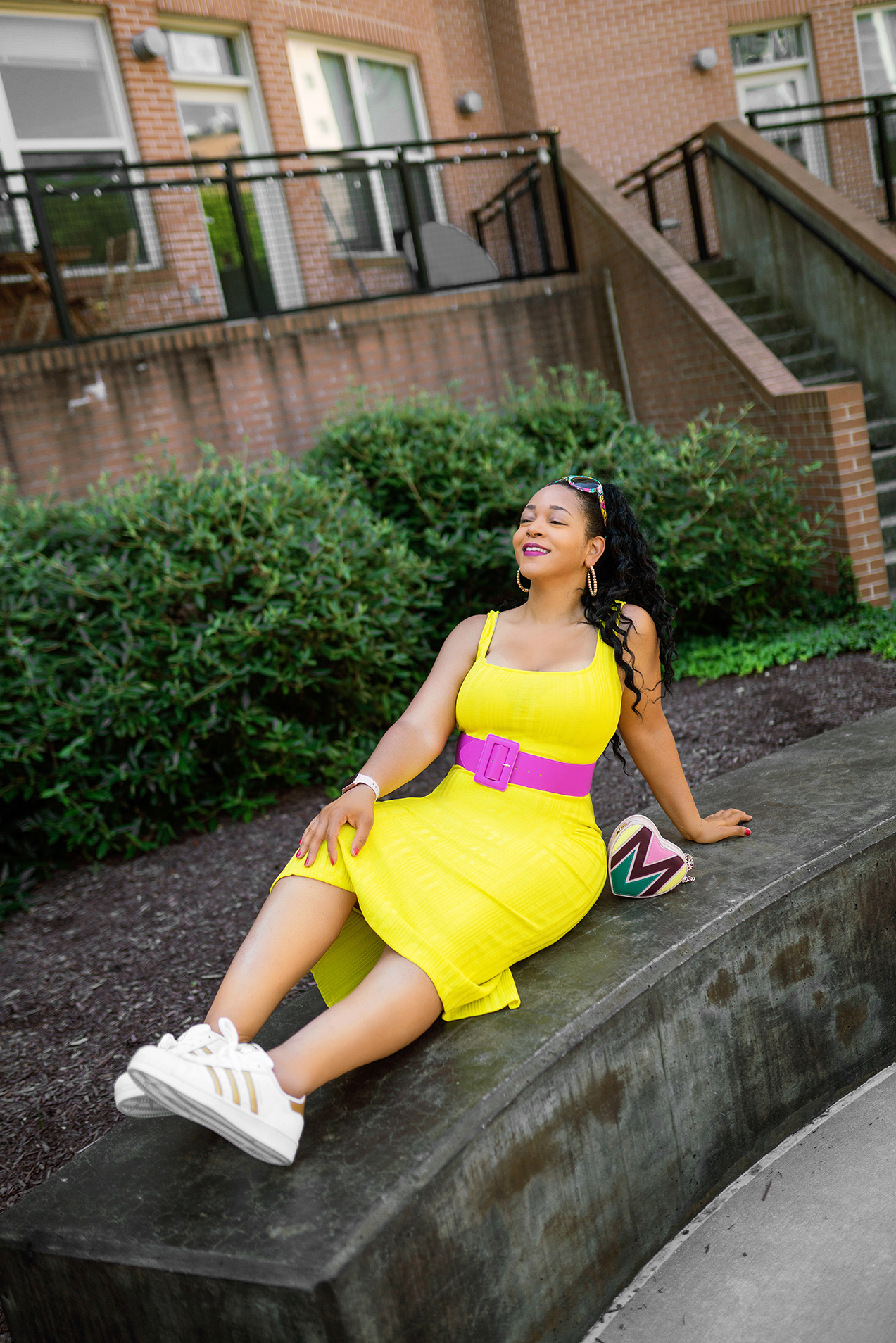 Making the Most of this Pandemic Summer — What I'm Wearing: Matthew Williamson for H&M sunglasses, H&M Electric yellow dress, H&M Pink belt, Adidas White and Gold Superstar Sneakers