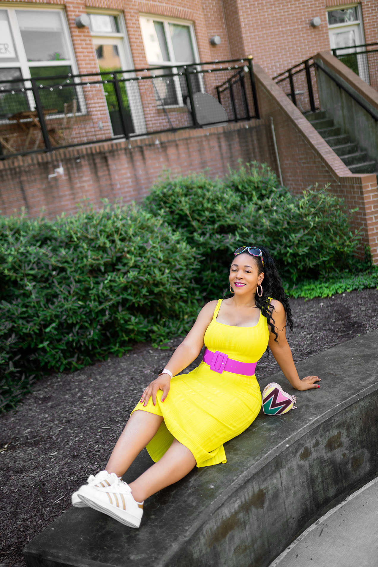 Making the Most of this Pandemic Summer — What I'm Wearing: Matthew Williamson for H&M sunglasses, H&M Electric yellow dress, H&M Pink belt, Adidas White and Gold Superstar Sneakers