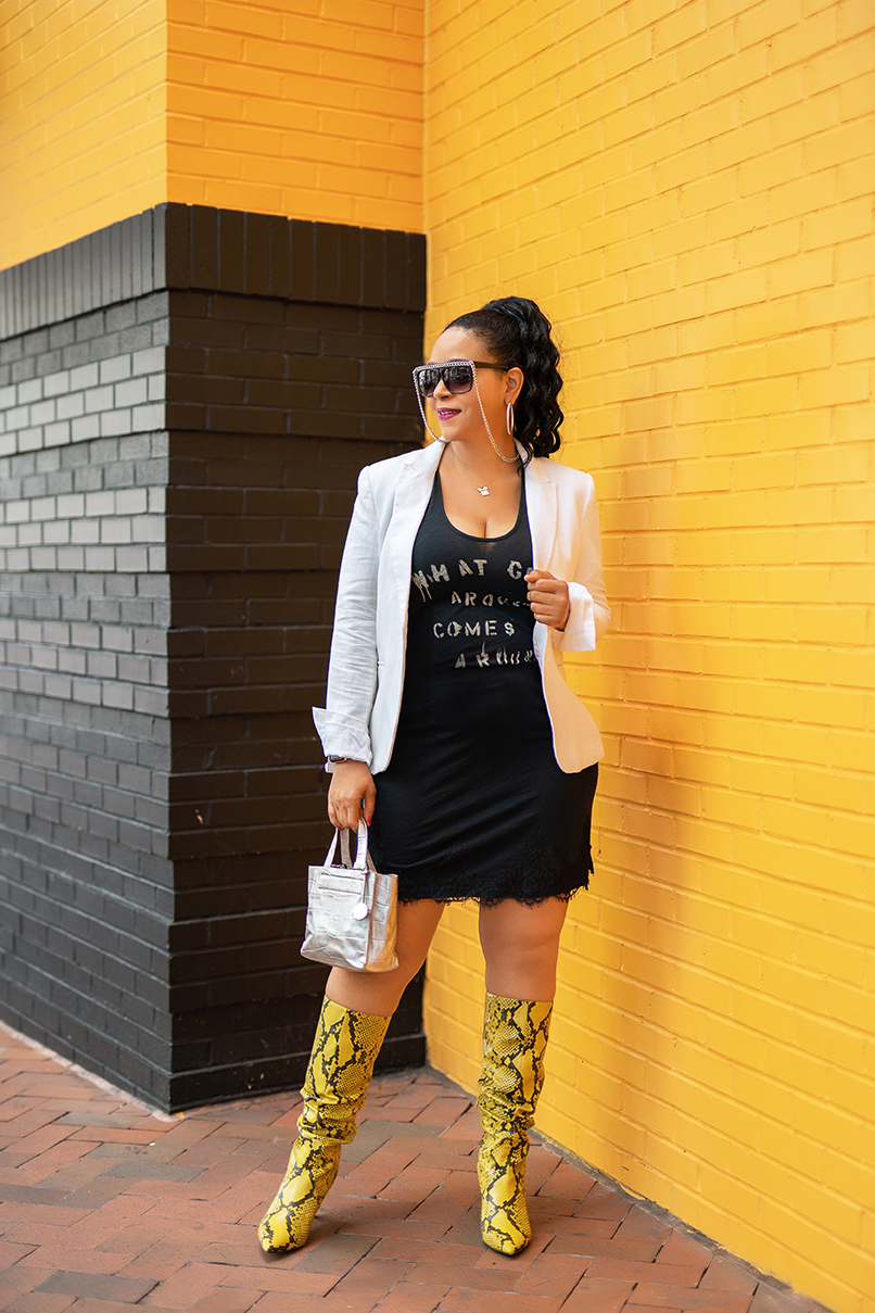 What Goes Around Comes Around, What I'm Wearing, Sunglasses with silver chain, H&M White Blazer, What Goes Around Comes Around Slip Dress, Nine West Maxim Heel Boots in Yellow Snake Print