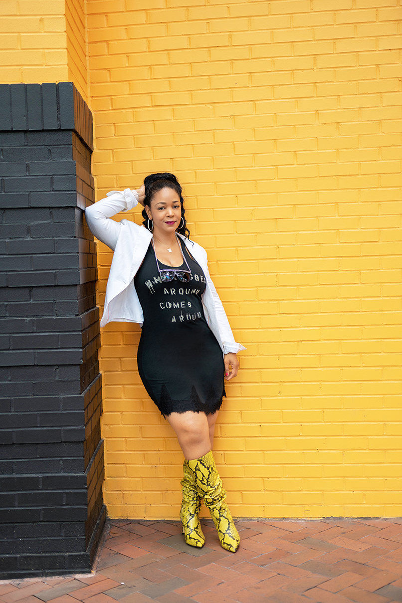 What Goes Around Comes Around, What I'm Wearing, Sunglasses with silver chain, H&M White Blazer, What Goes Around Comes Around Slip Dress, Nine West Maxim Heel Boots in Yellow Snake Print