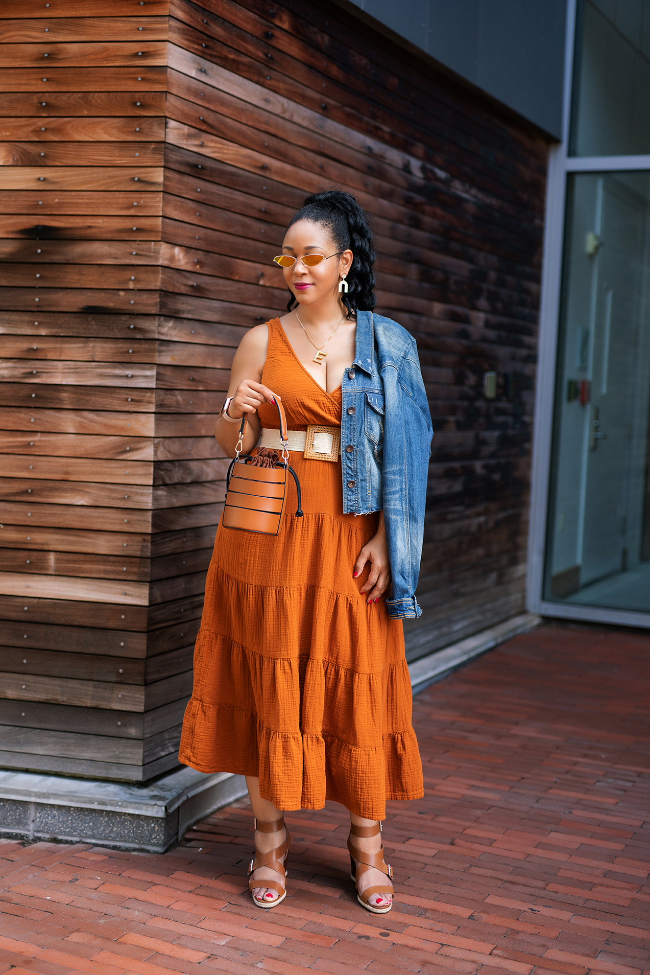 Pumpkin Spice and Everything Nice: What I'm Wearing: Women's Cateye Sunglasses - Wild Fable™ Gold, Women's Sleeveless Tiered Dress - Universal Thread™, Eva Mendes Collection Cutout Bucket Bag, Essex Lane Finnet Wedge Sandal