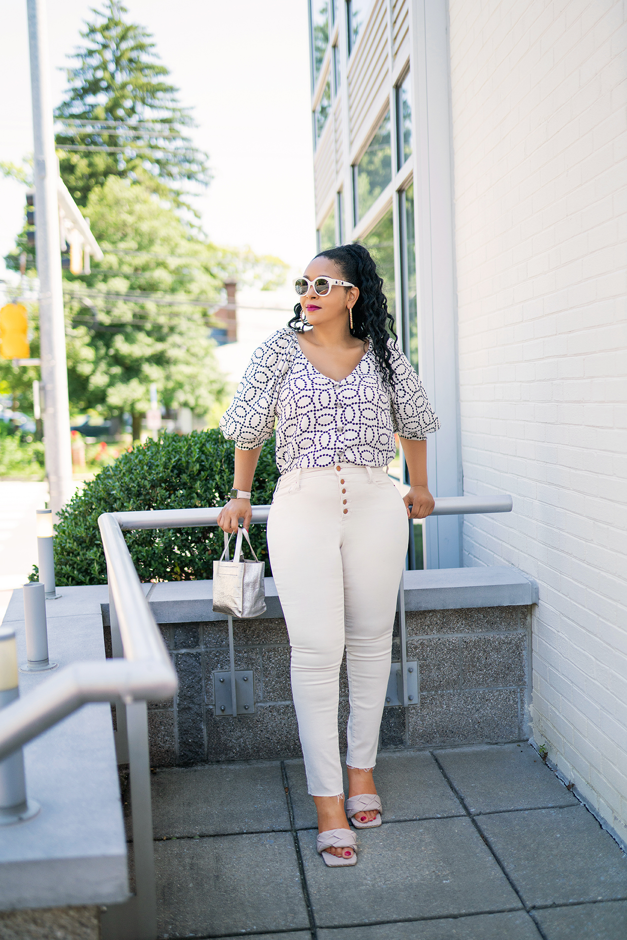 Work From Home Wear, What I'm Wearing: H&M Puff-sleeved print button front blouse, Universal Thread High-Rise Skinny Ankle Jeans, Gucci white pearl frame sunglasses, Open Toe Diamond Band Stiletto Mule Heels, Furla Mini Tote Bag, What's Haute