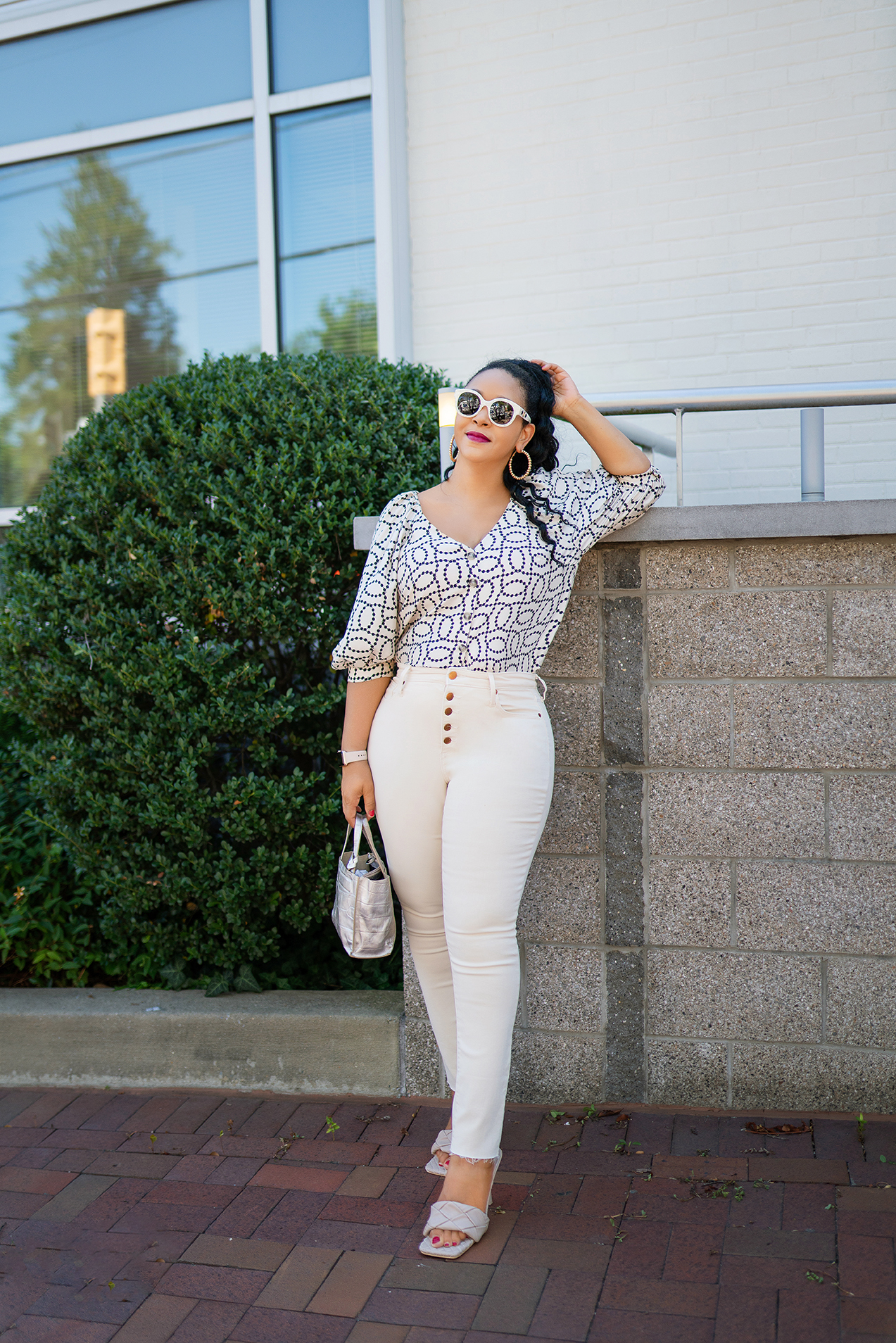 Work From Home Wear, What I'm Wearing: H&M Puff-sleeved print button front blouse, Universal Thread High-Rise Skinny Ankle Jeans, Gucci white pearl frame sunglasses, Open Toe Diamond Band Stiletto Mule Heels, Furla Mini Tote Bag, What's Haute