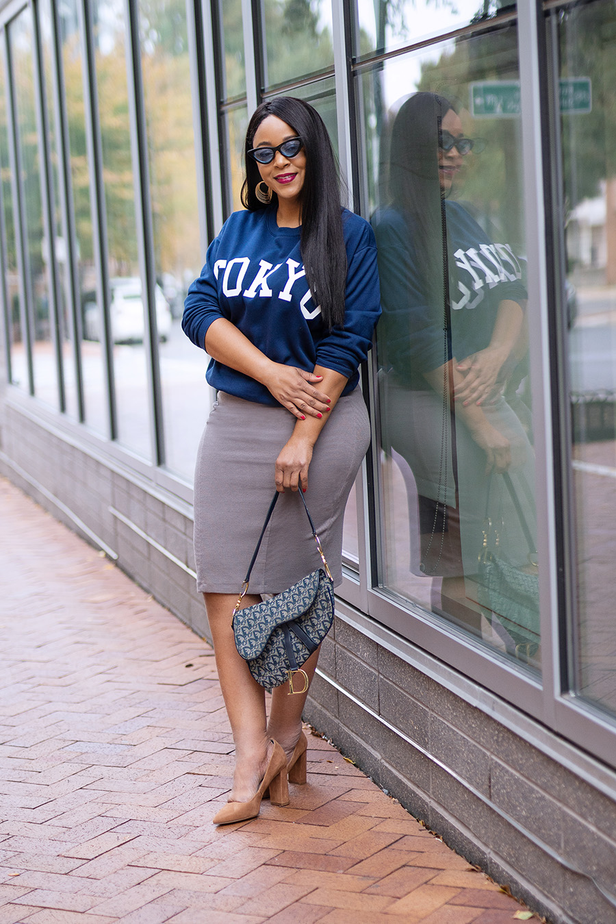 All the Places I Didn't Go in 2020, Wearing: Wild Fable Tokyo Sweatshirt, Grey pencil skirt, Dior Embroidered Saddle Bag, Banana Republic Madison Block Heel 12-Hour Pump