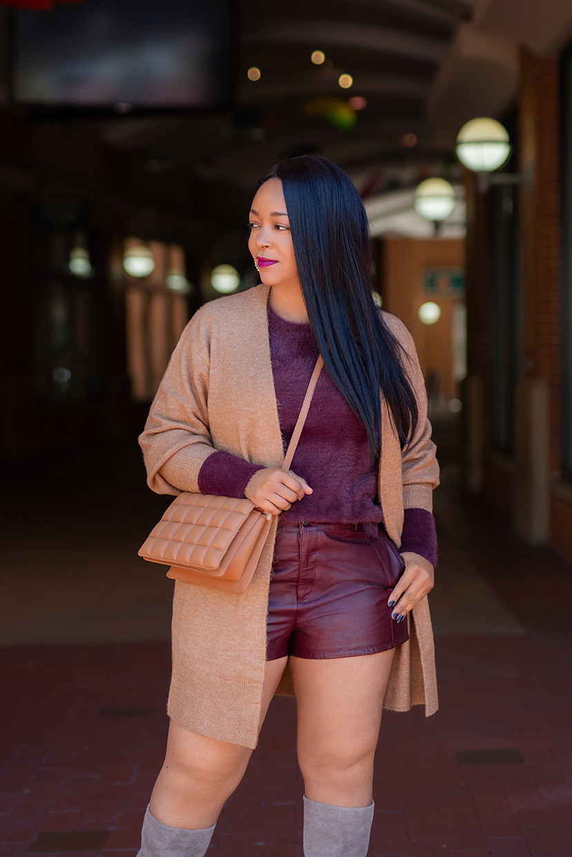 What's Haute, Style staples, What I'm Wearing: H&M Long Cardigan, Old Navy Burgundy Fluffy Sweater, ASOS Leather Shorts, Gap Brown Tall Slouchy Suede Boots, H&M Quilted Shoulder Bag