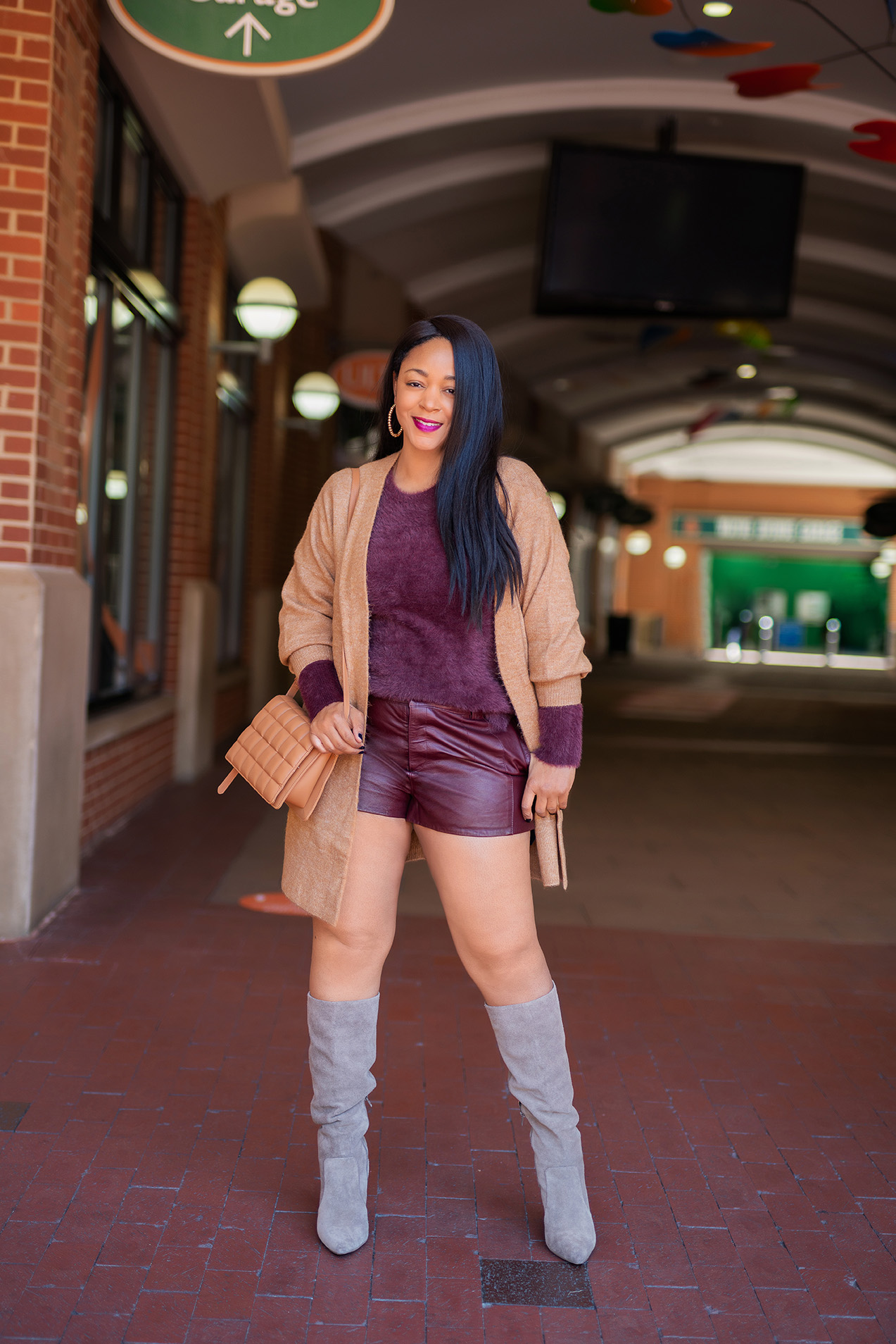 What's Haute, Style staples, What I'm Wearing: H&M Long Cardigan, Old Navy Burgundy Fluffy Sweater, ASOS Leather Shorts, Gap Brown Tall Slouchy Suede Boots, H&M Quilted Shoulder Bag