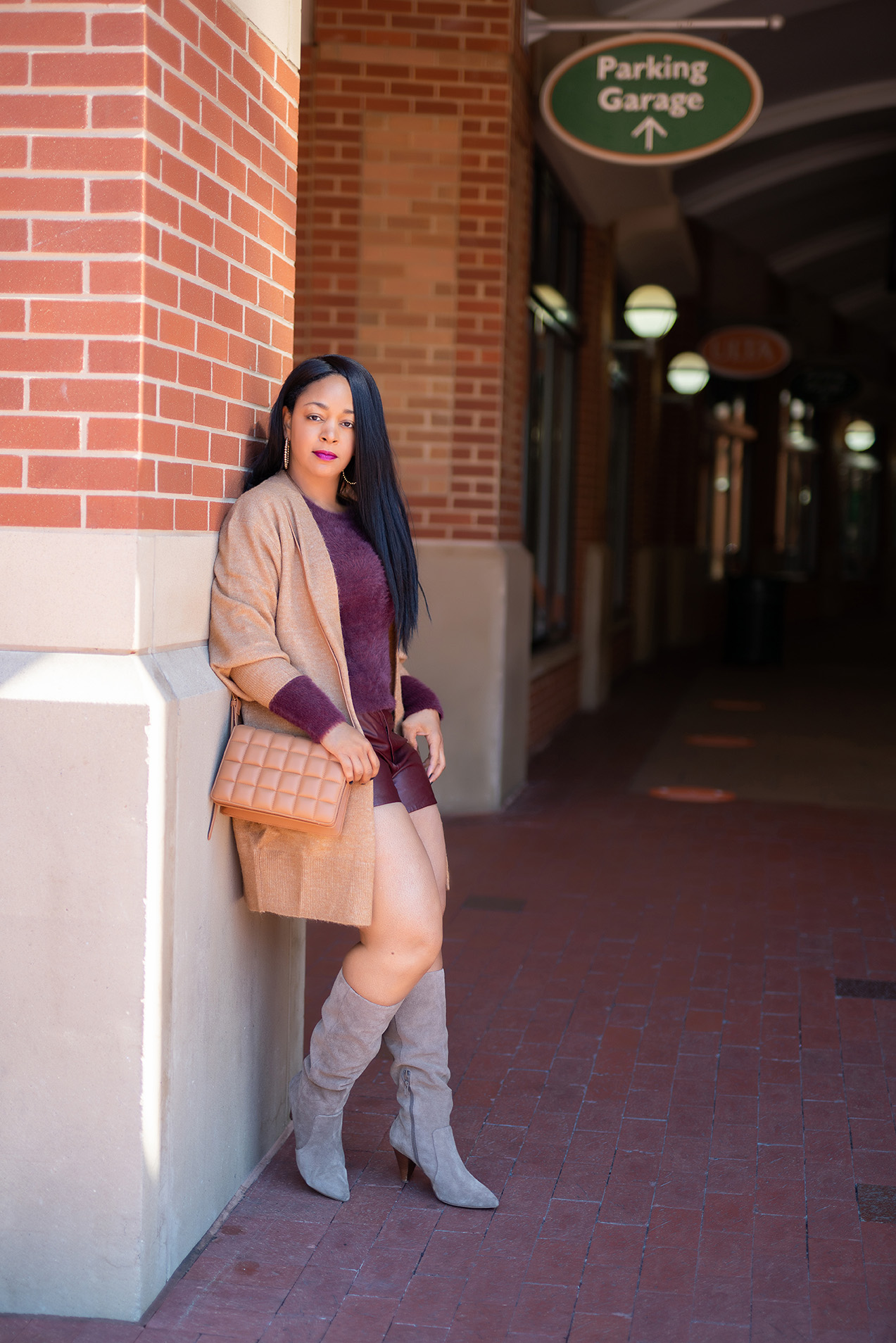 What's Haute, Style staples, What I'm Wearing: H&M Long Cardigan, Old Navy Burgundy Fluffy Sweater, ASOS Leather Shorts, Gap Brown Tall Slouchy Suede Boots, H&M Quilted Shoulder Bag