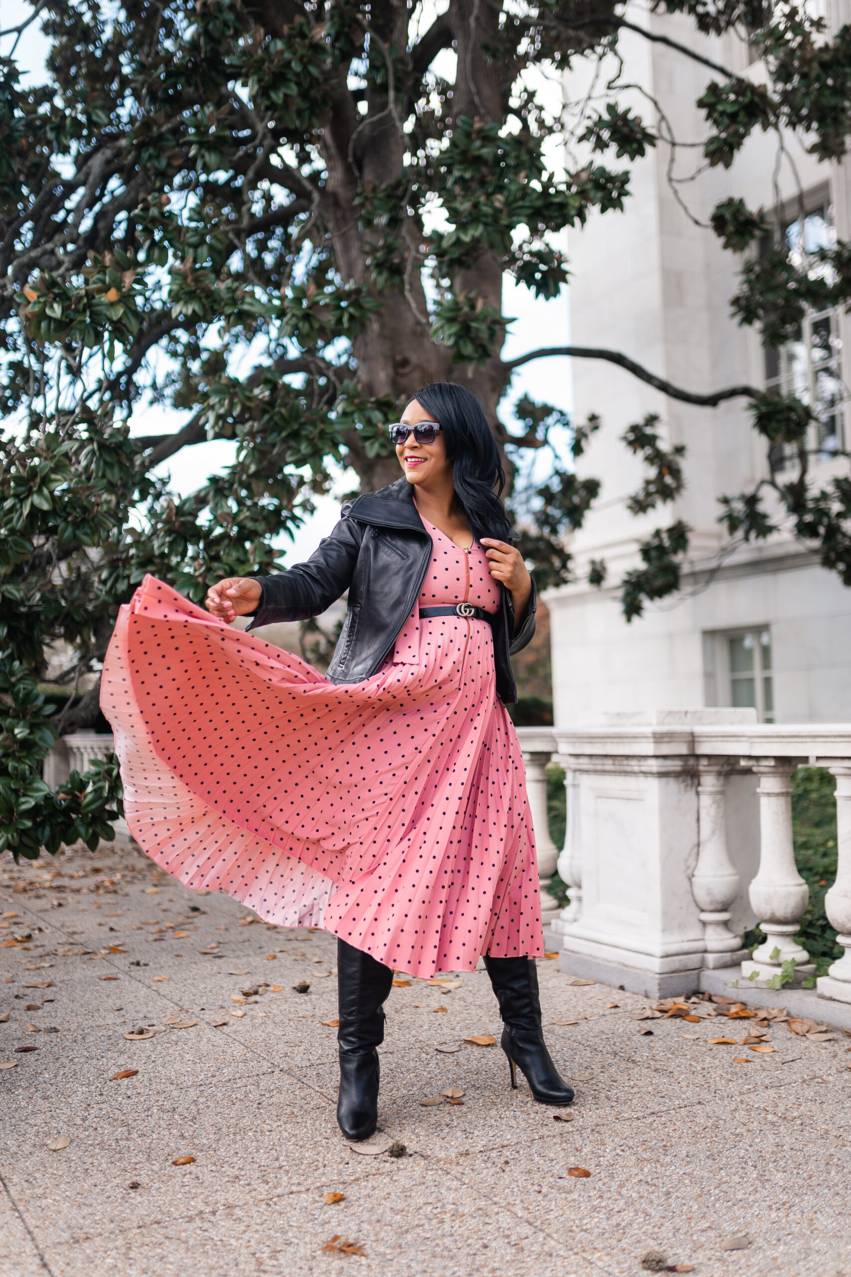 Trying New Things this New Year, 2021, What I'm Wearing: Closet London GOLD Rose Polka Dot Pleated Midi Dress, DSW Boots, Kenneth Cole New York Leather moto jacket, Gucci belt