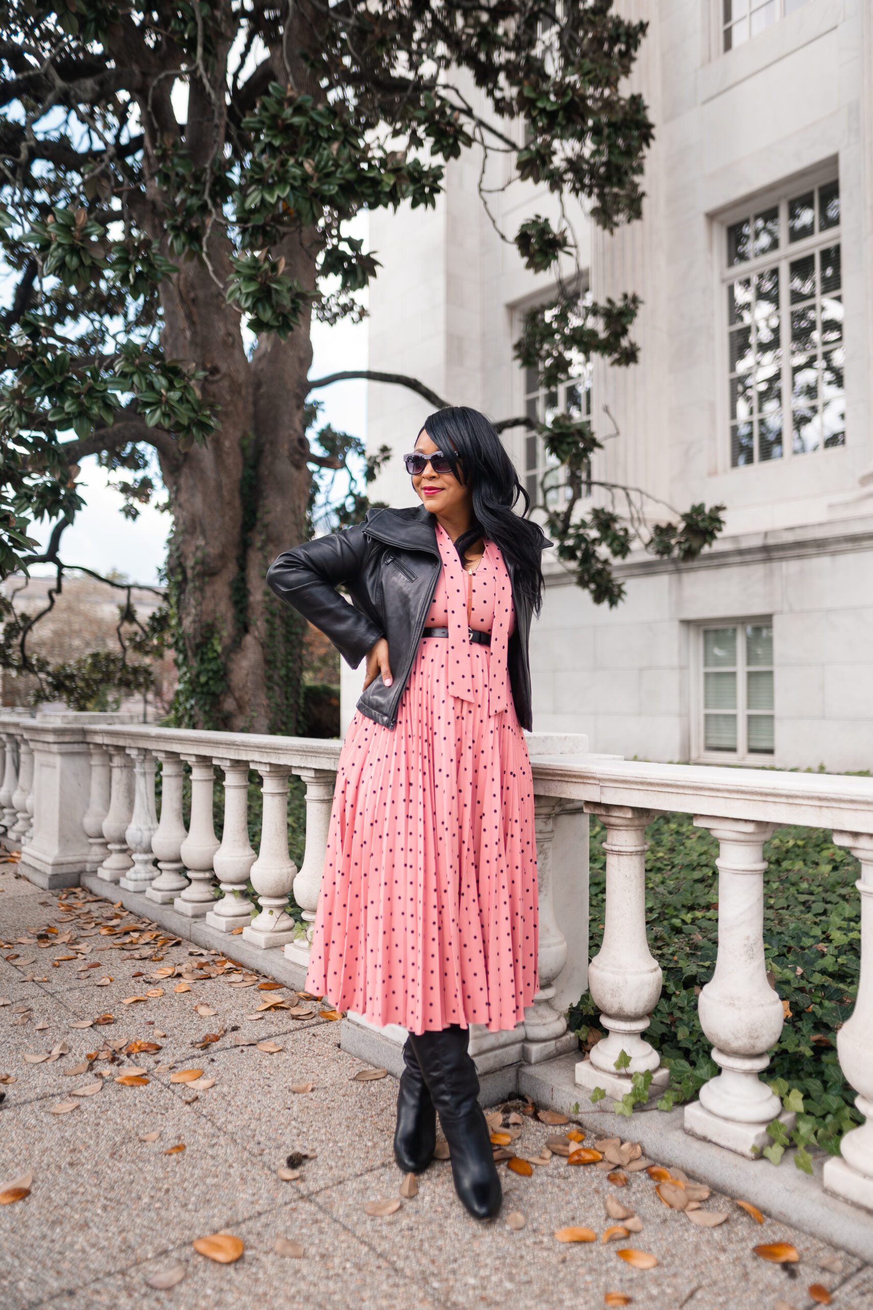 Trying New Things this New Year, 2021, What I'm Wearing: Closet London GOLD Rose Polka Dot Pleated Midi Dress, DSW Boots, Kenneth Cole New York Leather moto jacket, Gucci belt