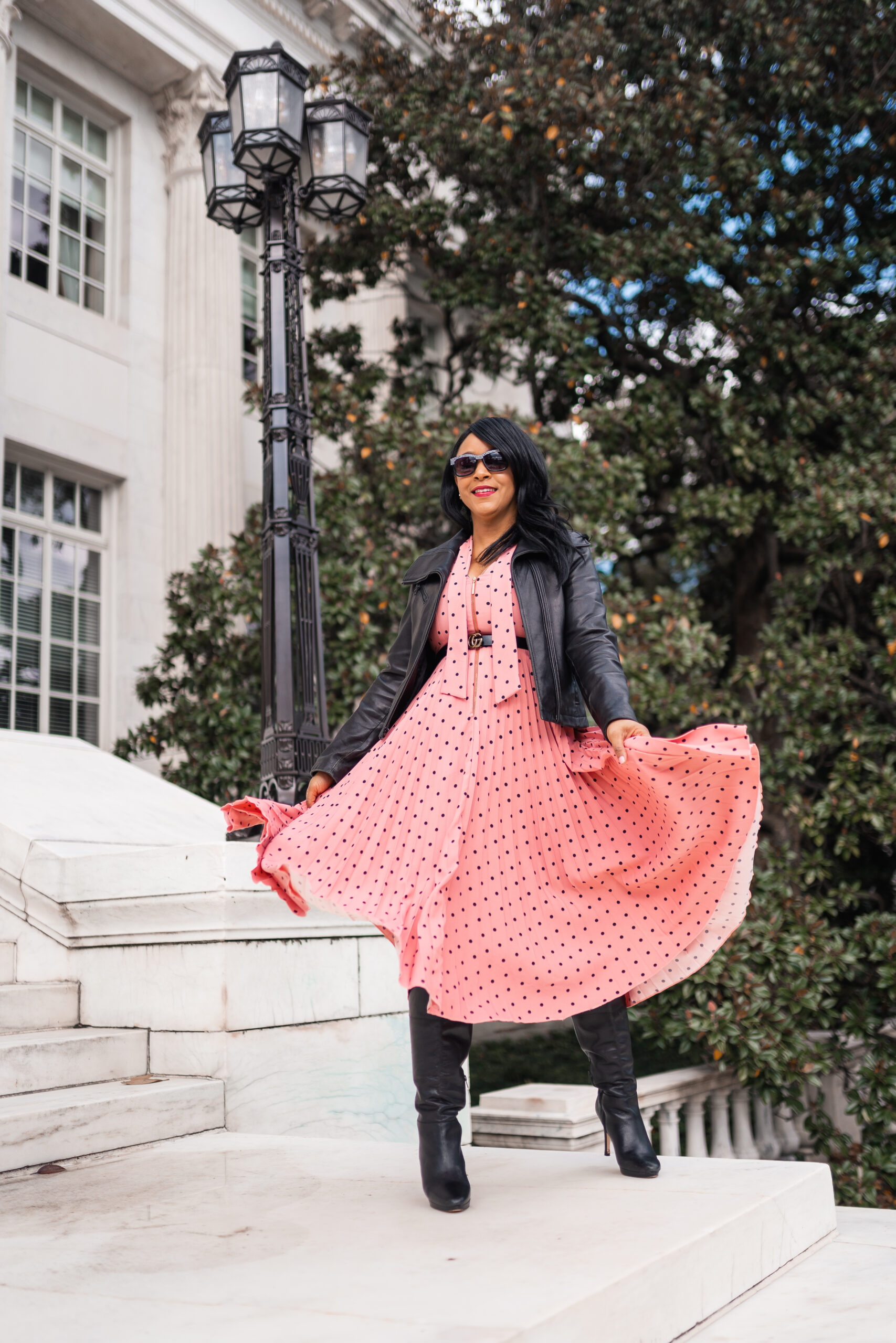 Trying New Things this New Year, 2021, What I'm Wearing: Closet London GOLD Rose Polka Dot Pleated Midi Dress, DSW Boots, Kenneth Cole New York Leather moto jacket, Gucci belt