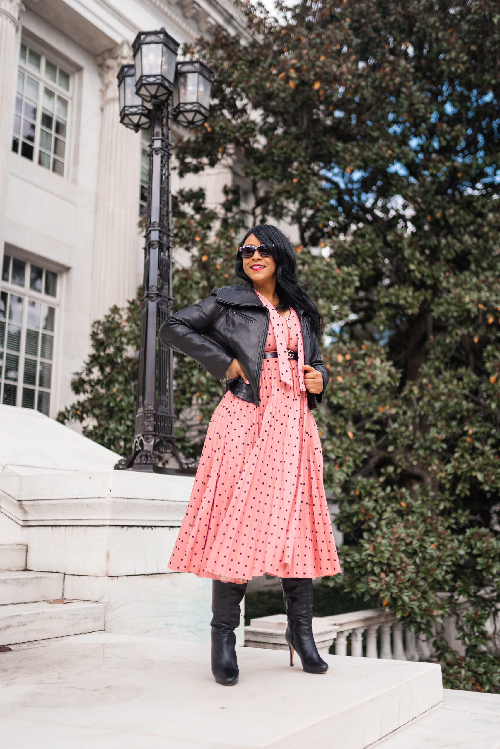 Trying New Things this New Year, 2021, What I'm Wearing: Closet London GOLD Rose Polka Dot Pleated Midi Dress, DSW Boots, Kenneth Cole New York Leather moto jacket, Gucci belt