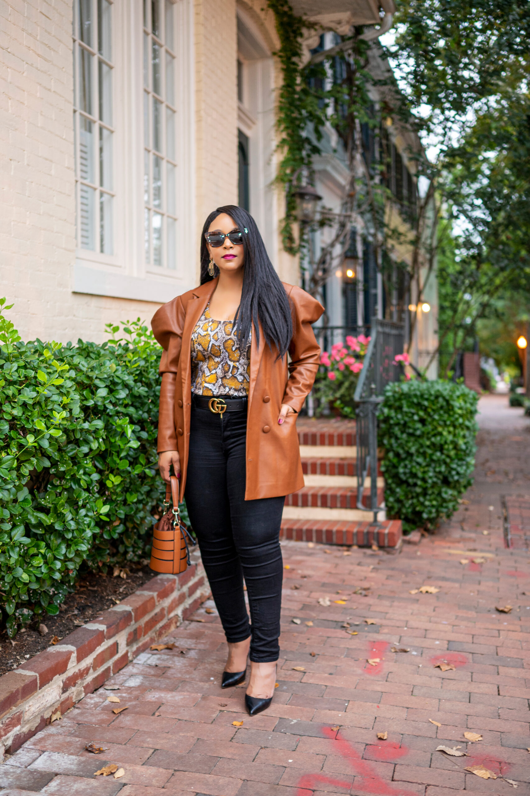 Casual Fridays - What I'm Wearing - INC International Concepts CULPOS X Exaggerated-Sleeve Faux-Leather Blazer, Created for Macy's, Nation LTD Berit python print Tank, Levi's 721 High-Rise Skinny Jeans in Soft Black - Waterless, Christian Louboutin Pigalle Follies Leather Pumps