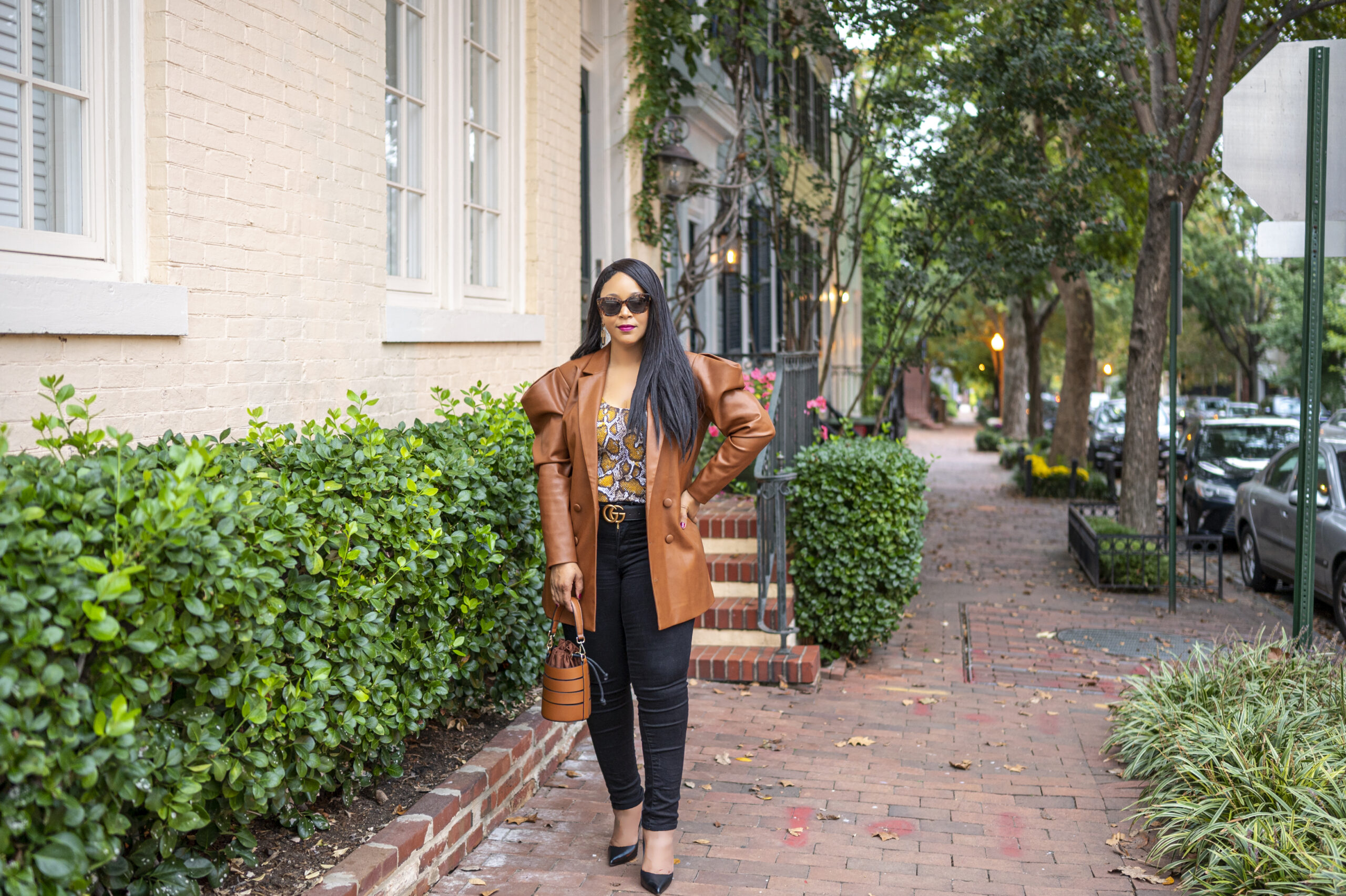 What's Haute - Casual Fridays - What I'm Wearing - INC International Concepts CULPOS X Exaggerated-Sleeve Faux-Leather Blazer, Created for Macy's, Nation LTD Berit python print Tank, Levi's 721 High-Rise Skinny Jeans in Soft Black - Waterless, Christian Louboutin Pigalle Follies Leather Pumps