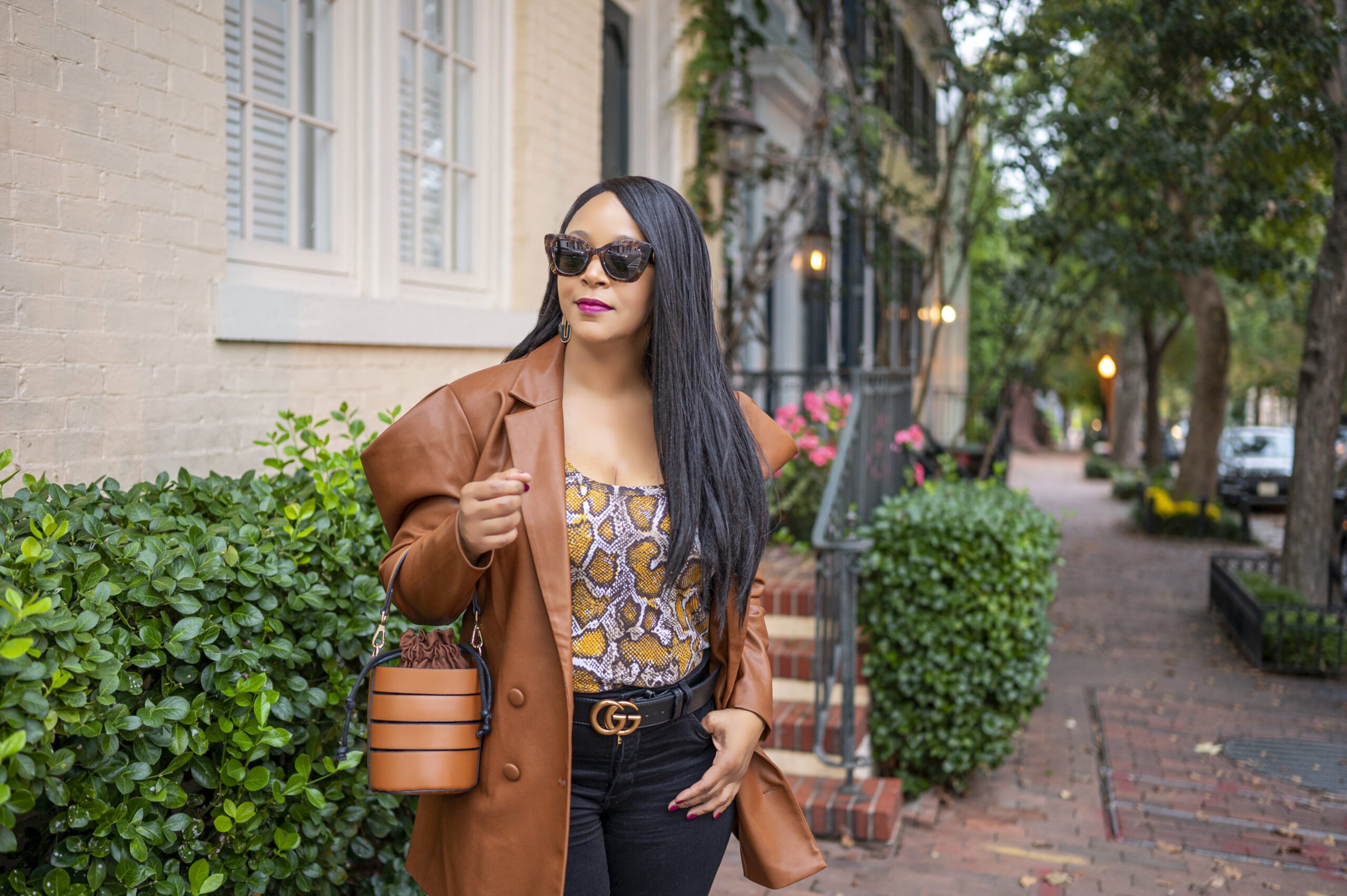 What's Haute - Casual Fridays - What I'm Wearing - INC International Concepts CULPOS X Exaggerated-Sleeve Faux-Leather Blazer, Created for Macy's, Nation LTD Berit python print Tank, Levi's 721 High-Rise Skinny Jeans in Soft Black - Waterless, Christian Louboutin Pigalle Follies Leather Pumps