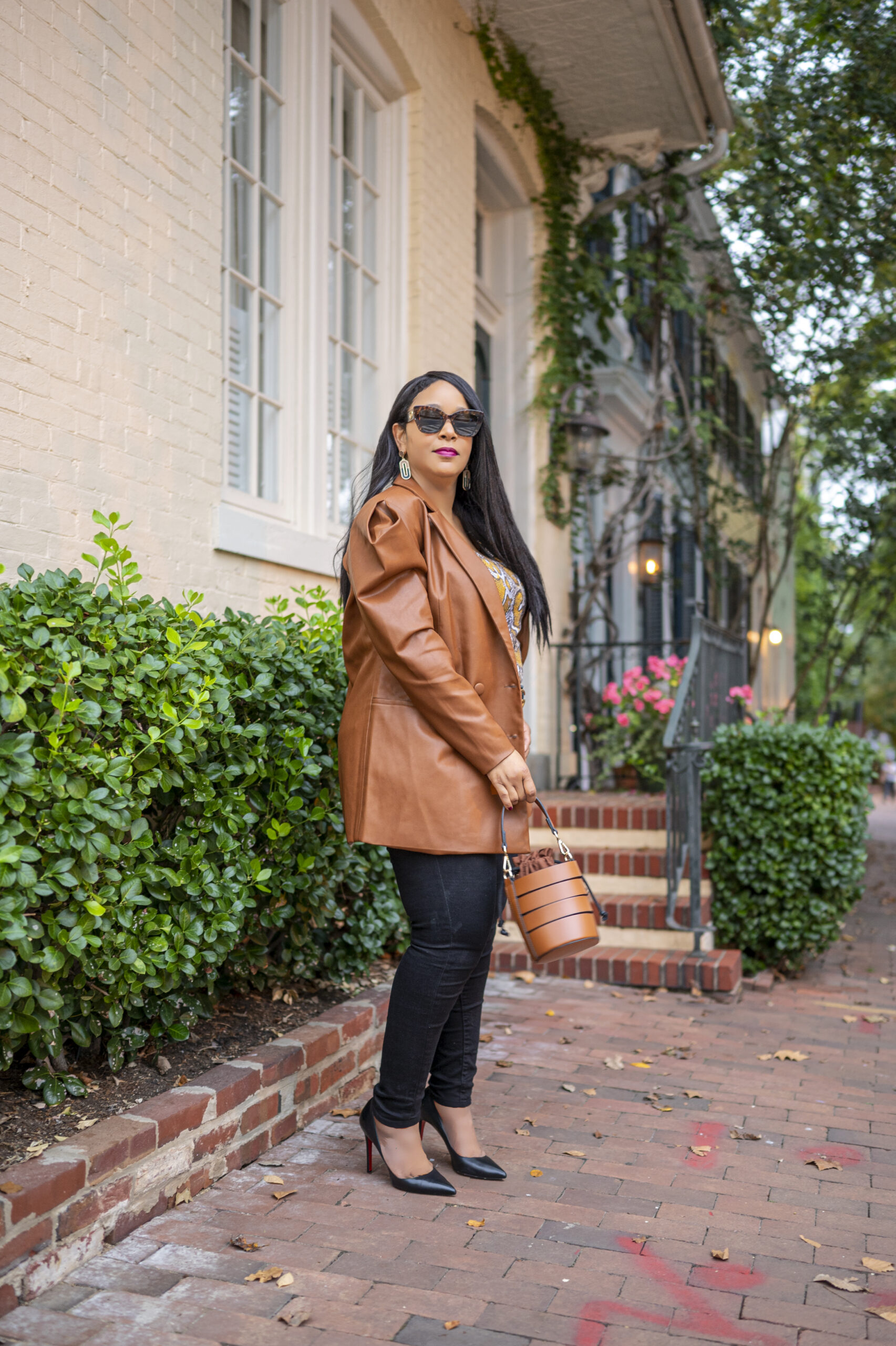 Casual Fridays - What I'm Wearing - INC International Concepts CULPOS X Exaggerated-Sleeve Faux-Leather Blazer, Created for Macy's, Nation LTD Berit python print Tank, Levi's 721 High-Rise Skinny Jeans in Soft Black - Waterless, Christian Louboutin Pigalle Follies Leather Pumps