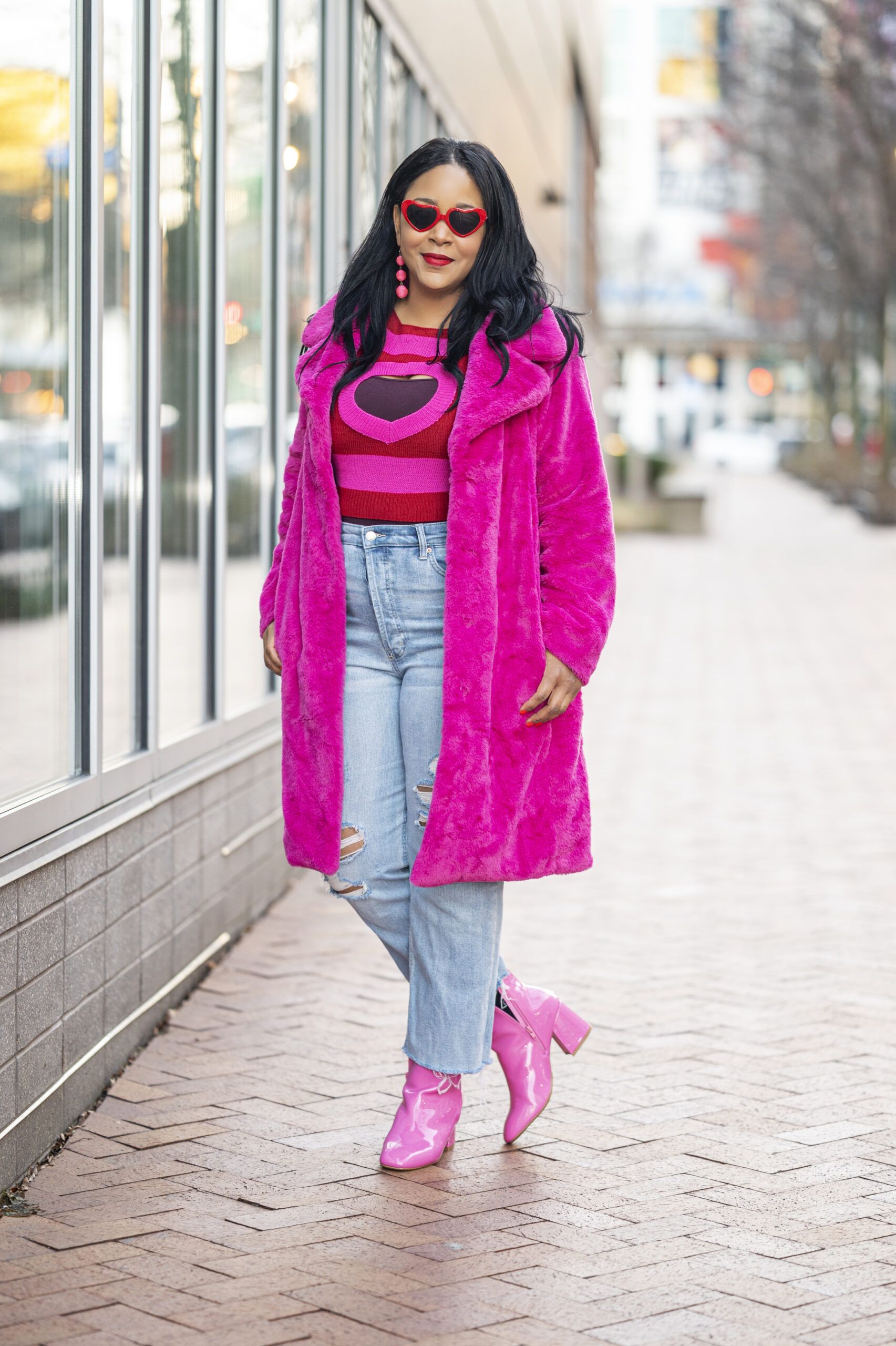 Happy Hearts Day and Happy Valentine's Day - What I'm Wearing: Heart Sunglasses, Faux Fur Coat, Cut Out Heart Pattern Colorblock Drop Shoulder Sweater, High Waisted Mom Jeans, Faux Patent Leather Zip-Up Block Heel Booties