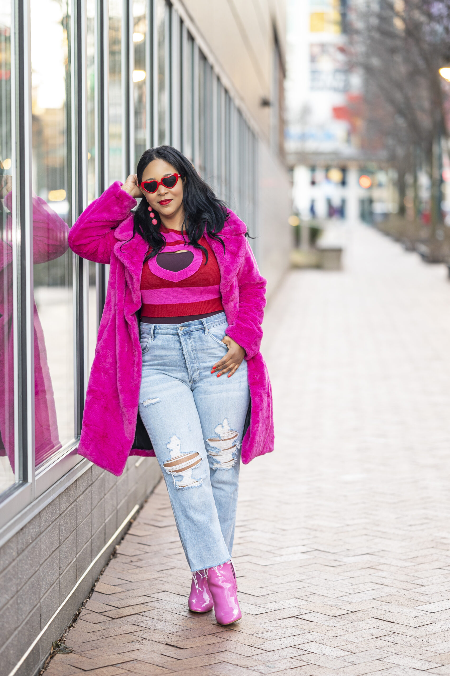 Happy Valentine's Day - What I'm Wearing: Heart Sunglasses, Faux Fur Coat, Cut Out Heart Pattern Colorblock Drop Shoulder Sweater, High Waisted Mom Jeans, Faux Patent Leather Zip-Up Block Heel Booties