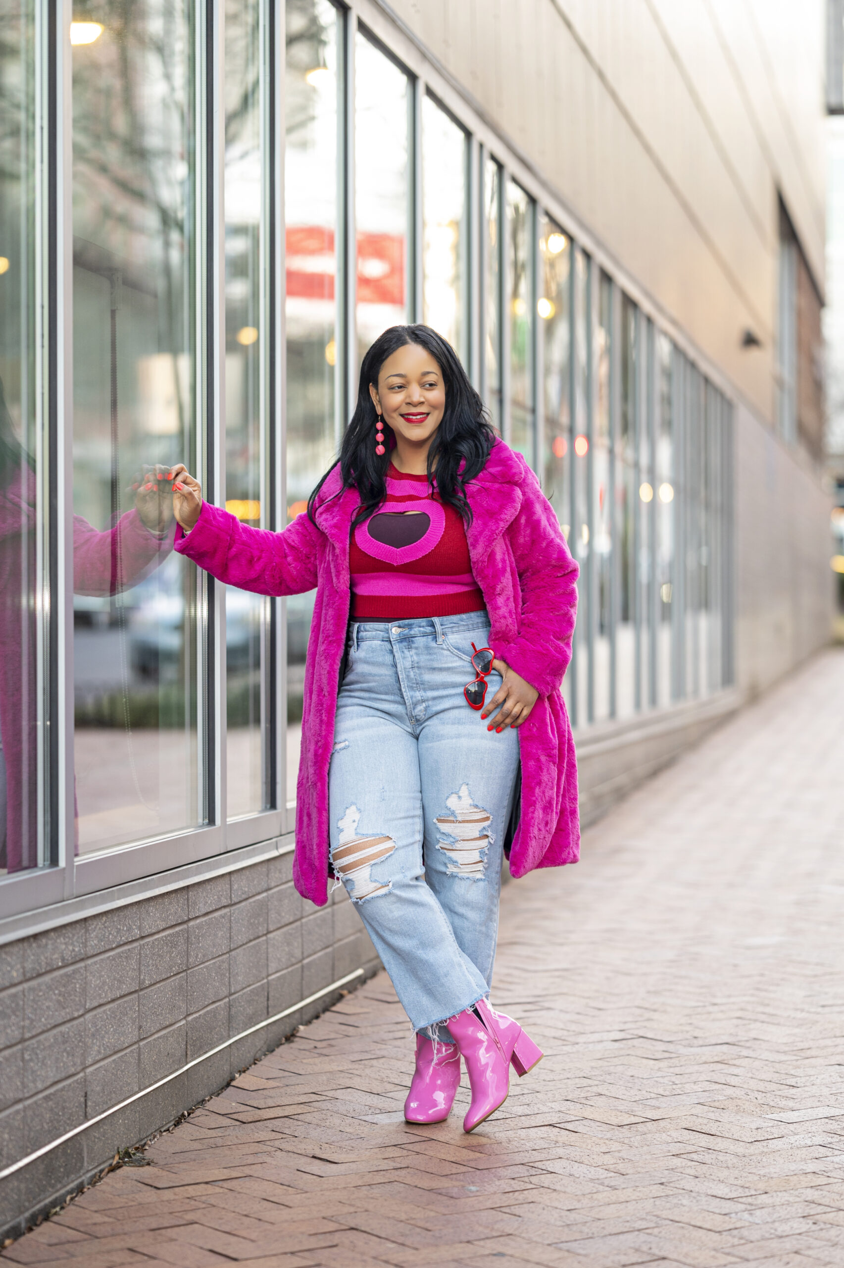 Happy Valentine's Day - What I'm Wearing: Heart Sunglasses, Faux Fur Coat, Cut Out Heart Pattern Colorblock Drop Shoulder Sweater, High Waisted Mom Jeans, Faux Patent Leather Zip-Up Block Heel Booties