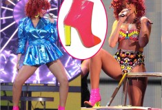 What she wore: Rihanna in Max Kibardin custom patent day-glo ankle boots on her ‘Loud’ Tour